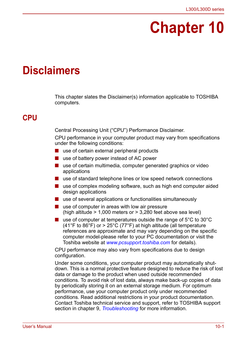 Chapter 10 - disclaimers, Chapter 10, Disclaimers | Provide | Toshiba Computer L300 User Manual | Page 153 / 186