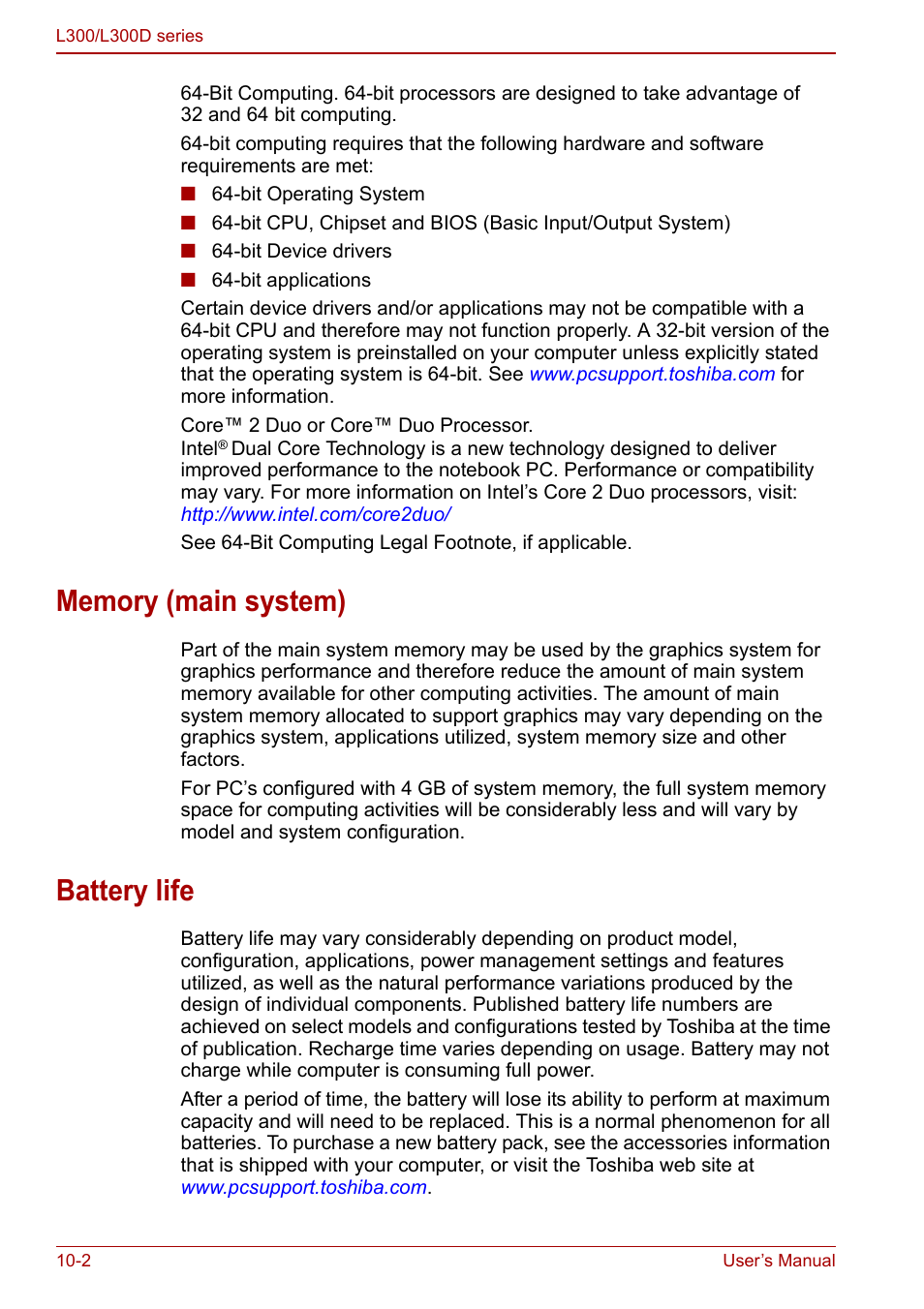 Battery life | Toshiba Computer L300 User Manual | Page 154 / 186