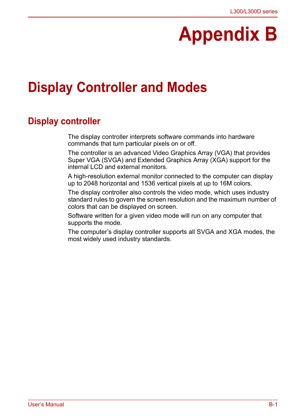 Appendix b - display controller and modes, Appendix b, Display controller and modes | Display controller | Toshiba Computer L300 User Manual | Page 159 / 186