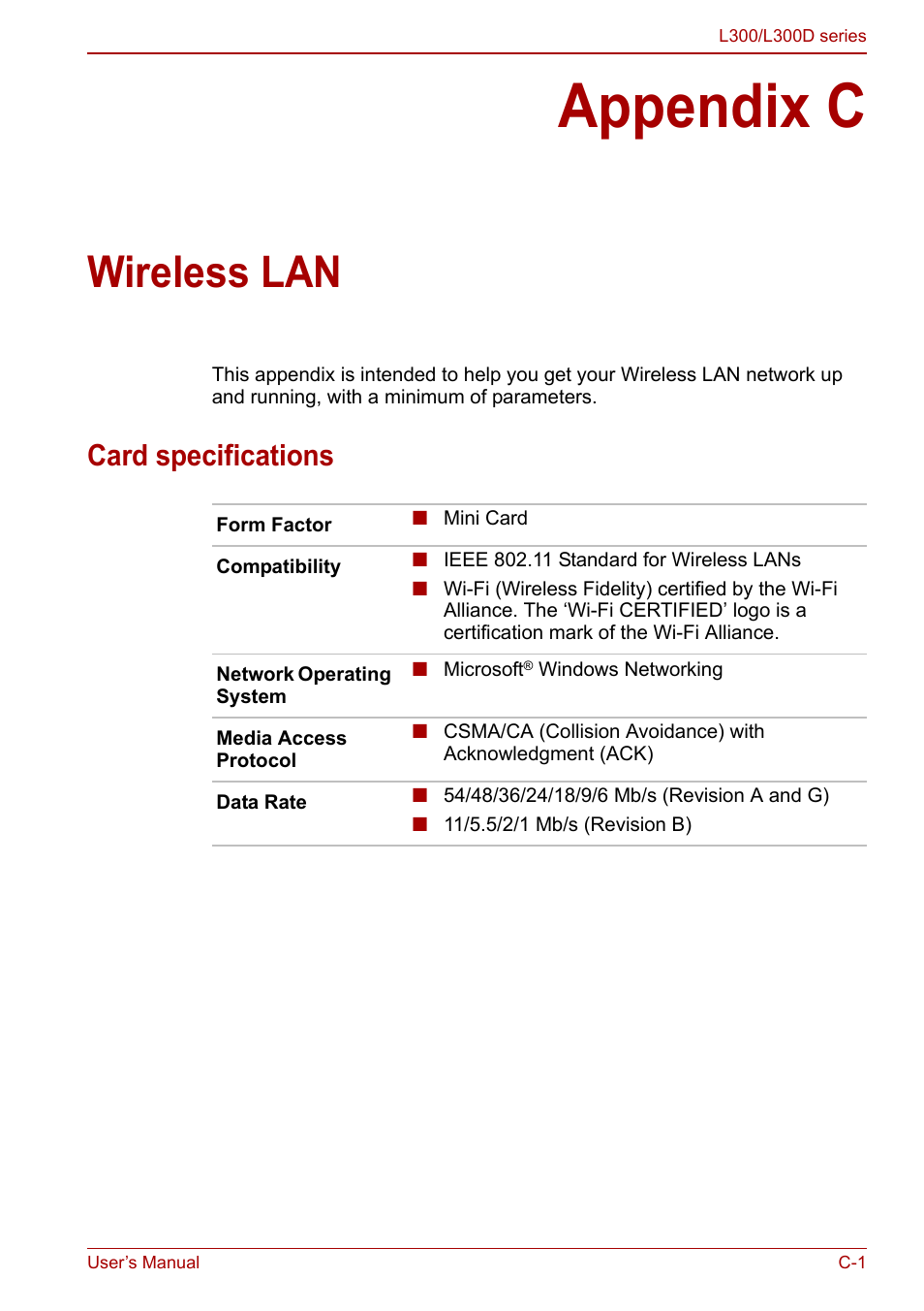 Appendix c - wireless lan, Appendix c, Wireless lan | Card specifications | Toshiba Computer L300 User Manual | Page 161 / 186