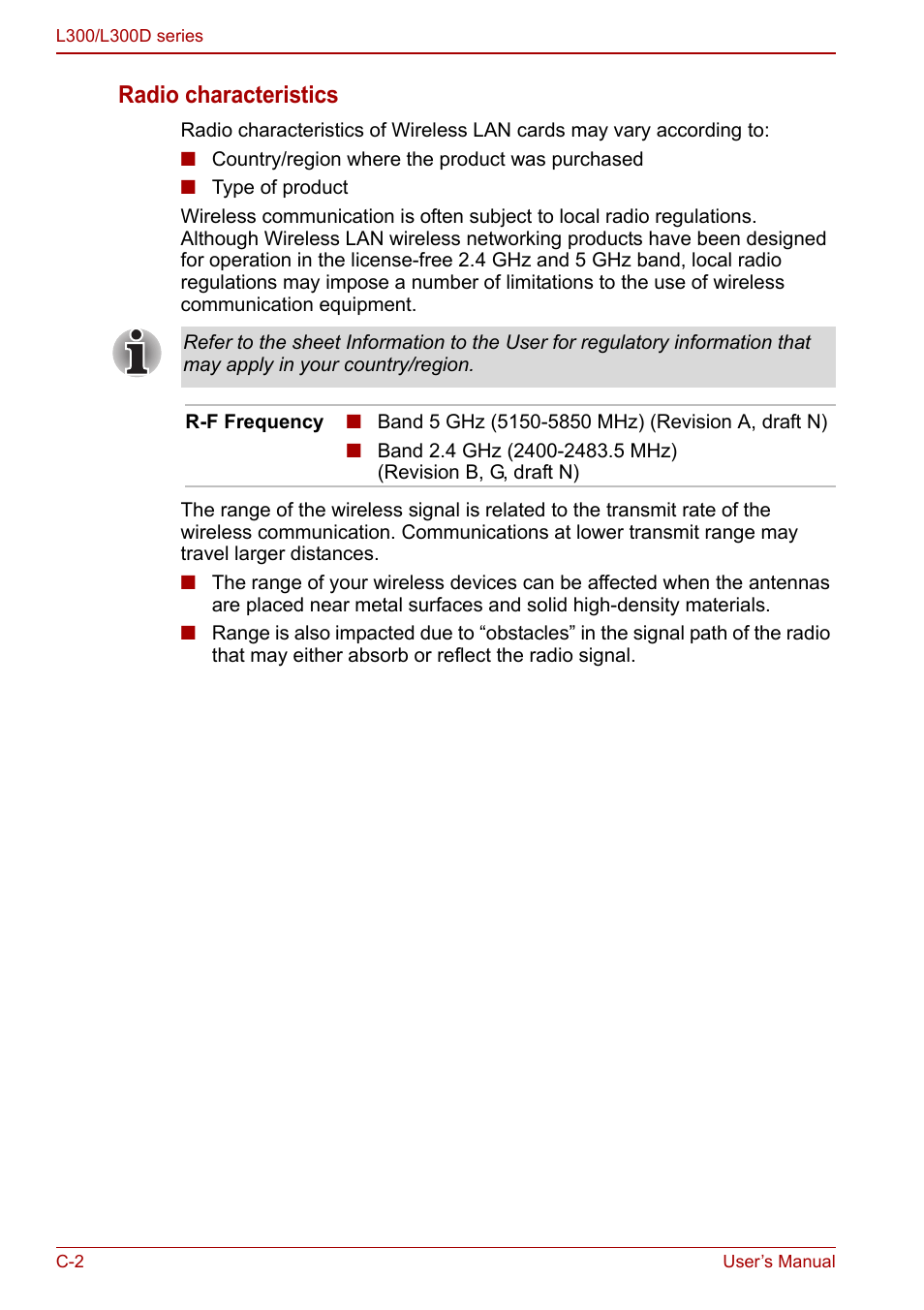 Radio characteristics | Toshiba Computer L300 User Manual | Page 162 / 186