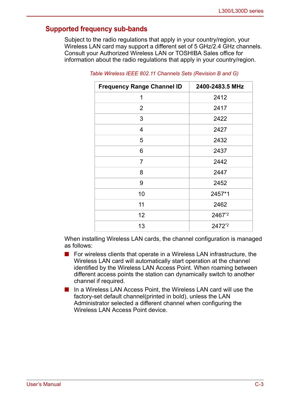 Supported frequency sub-bands | Toshiba Computer L300 User Manual | Page 163 / 186