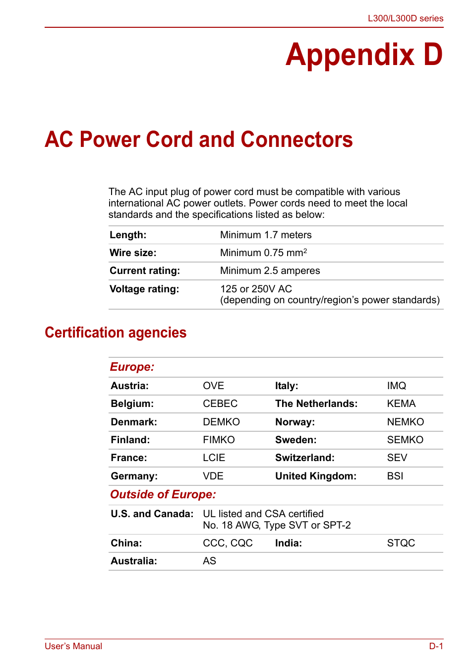 Appendix d - ac power cord and connectors, Appendix d, Ac power cord and connectors | Certification agencies | Toshiba Computer L300 User Manual | Page 165 / 186