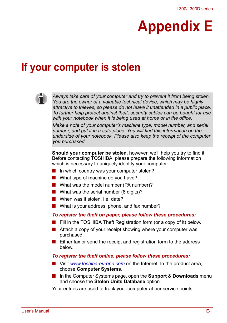 Appendix e - if your computer is stolen, Appendix e, If your computer is stolen | Toshiba Computer L300 User Manual | Page 167 / 186