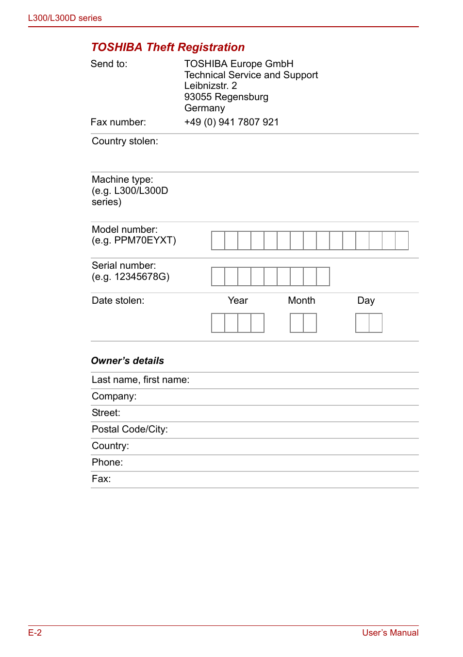 Toshiba theft registration | Toshiba Computer L300 User Manual | Page 168 / 186