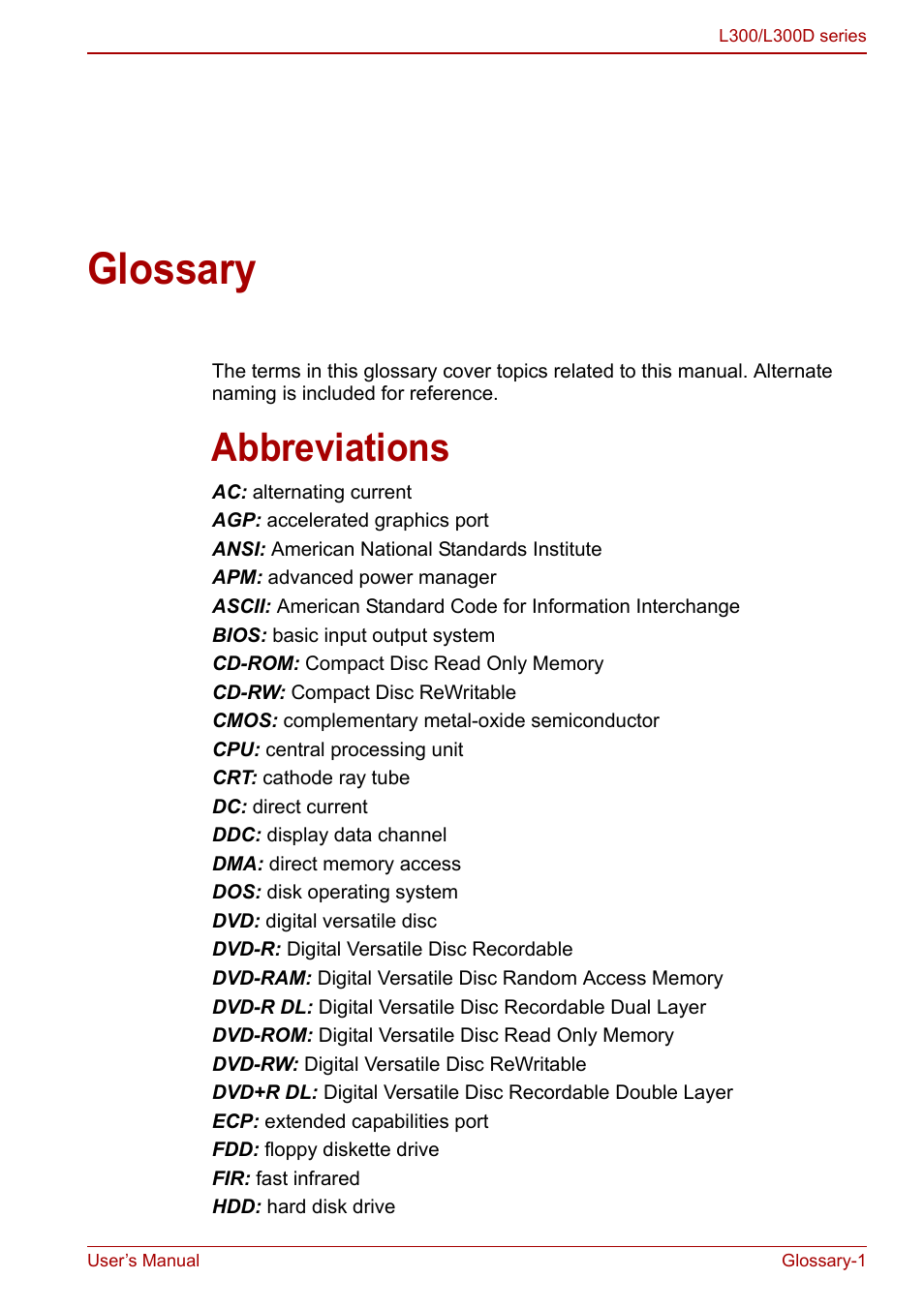 Glossary, Abbreviations | Toshiba Computer L300 User Manual | Page 169 / 186