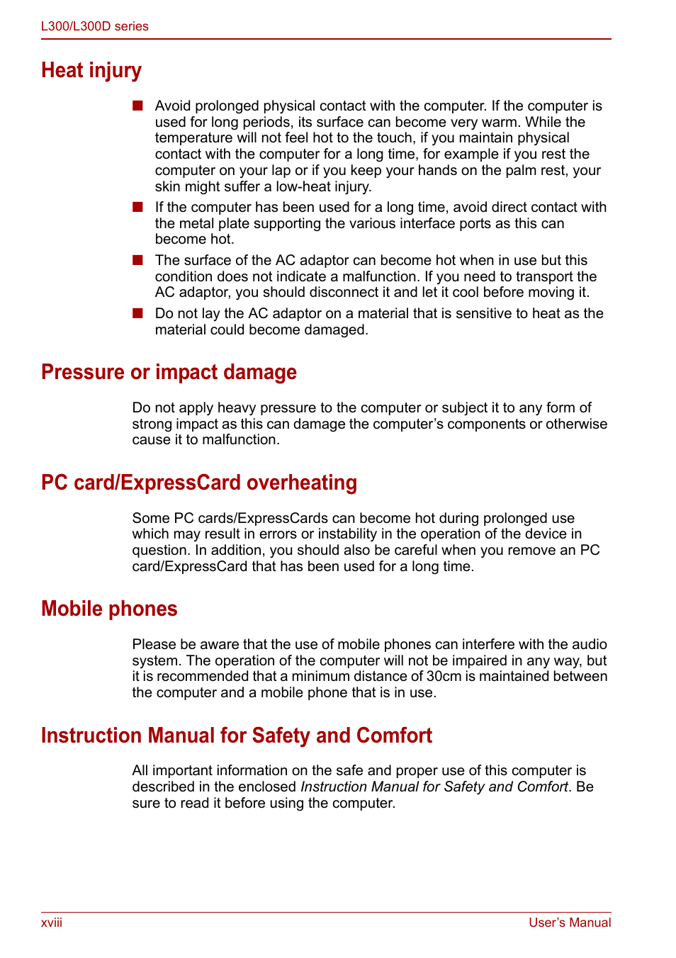 Heat injury, Pressure or impact damage, Pc card/expresscard overheating | Mobile phones, Instruction manual for safety and comfort | Toshiba Computer L300 User Manual | Page 18 / 186