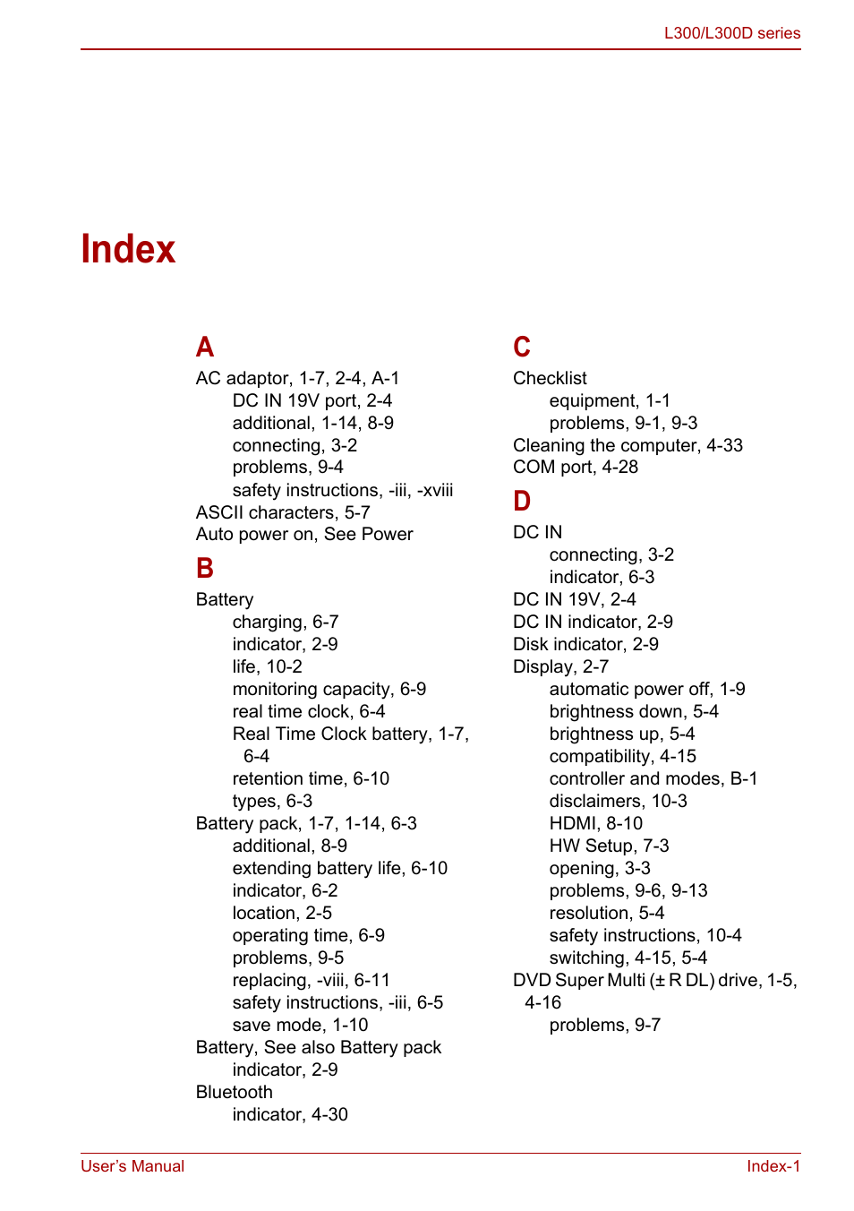 Index | Toshiba Computer L300 User Manual | Page 183 / 186