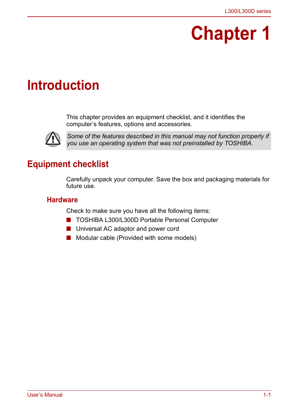 Chapter 1 - introduction, Equipment checklist, Chapter 1 | Introduction, Equipment checklist -1, Is an overvie | Toshiba Computer L300 User Manual | Page 19 / 186