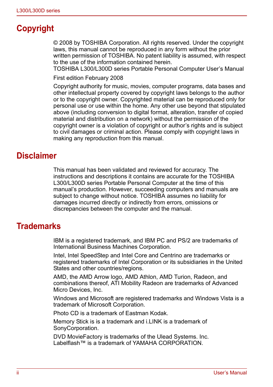 Copyright, Disclaimer, Trademarks | Toshiba Computer L300 User Manual | Page 2 / 186