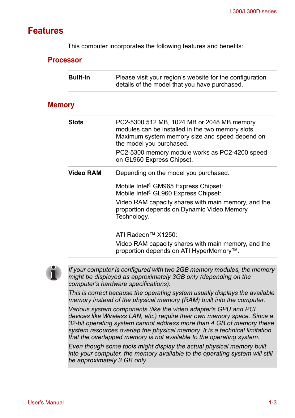 Features, Features -3 | Toshiba Computer L300 User Manual | Page 21 / 186