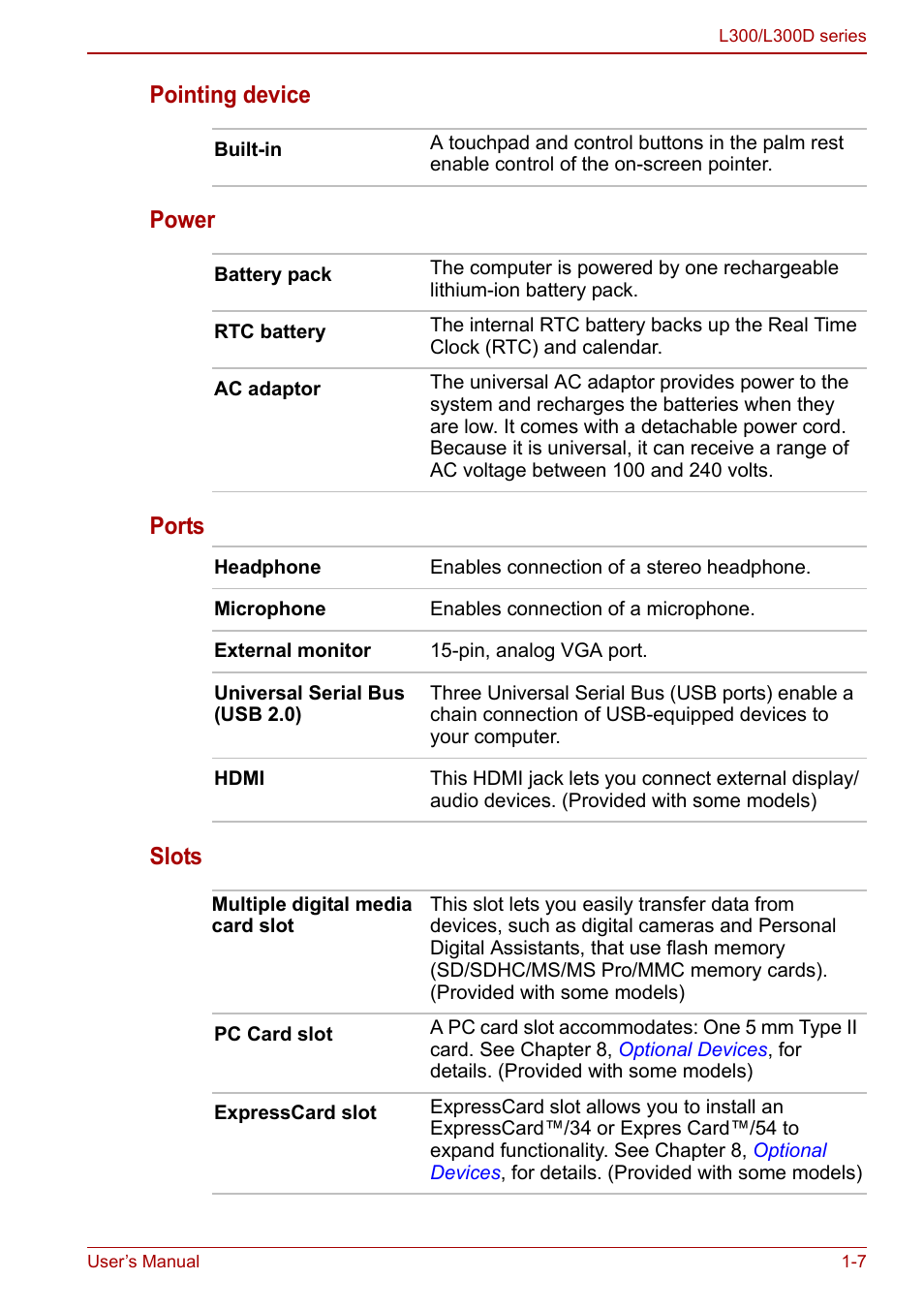 Pointing device power ports slots | Toshiba Computer L300 User Manual | Page 25 / 186