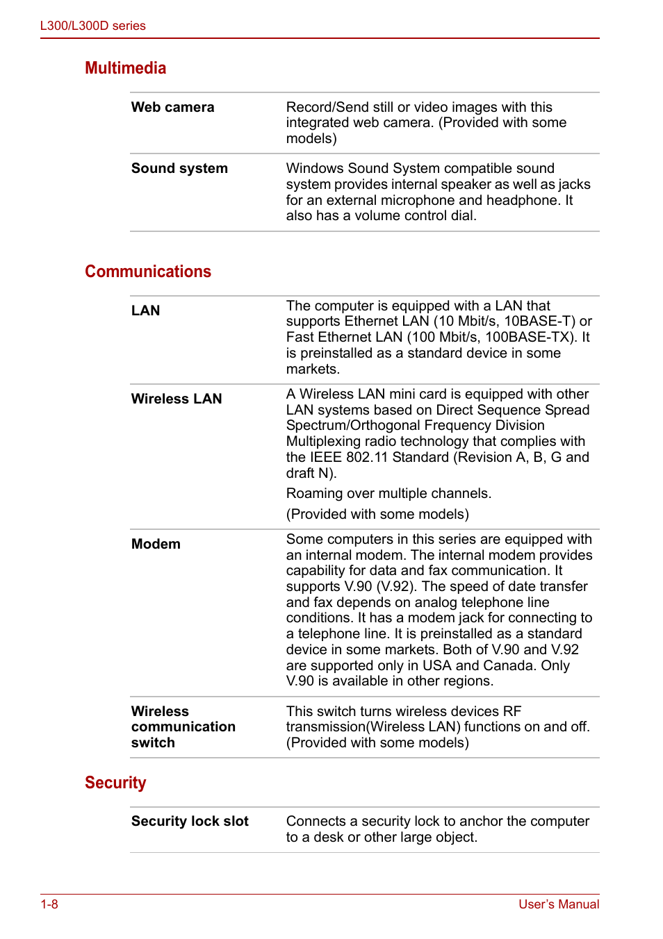 Multimedia communications security | Toshiba Computer L300 User Manual | Page 26 / 186