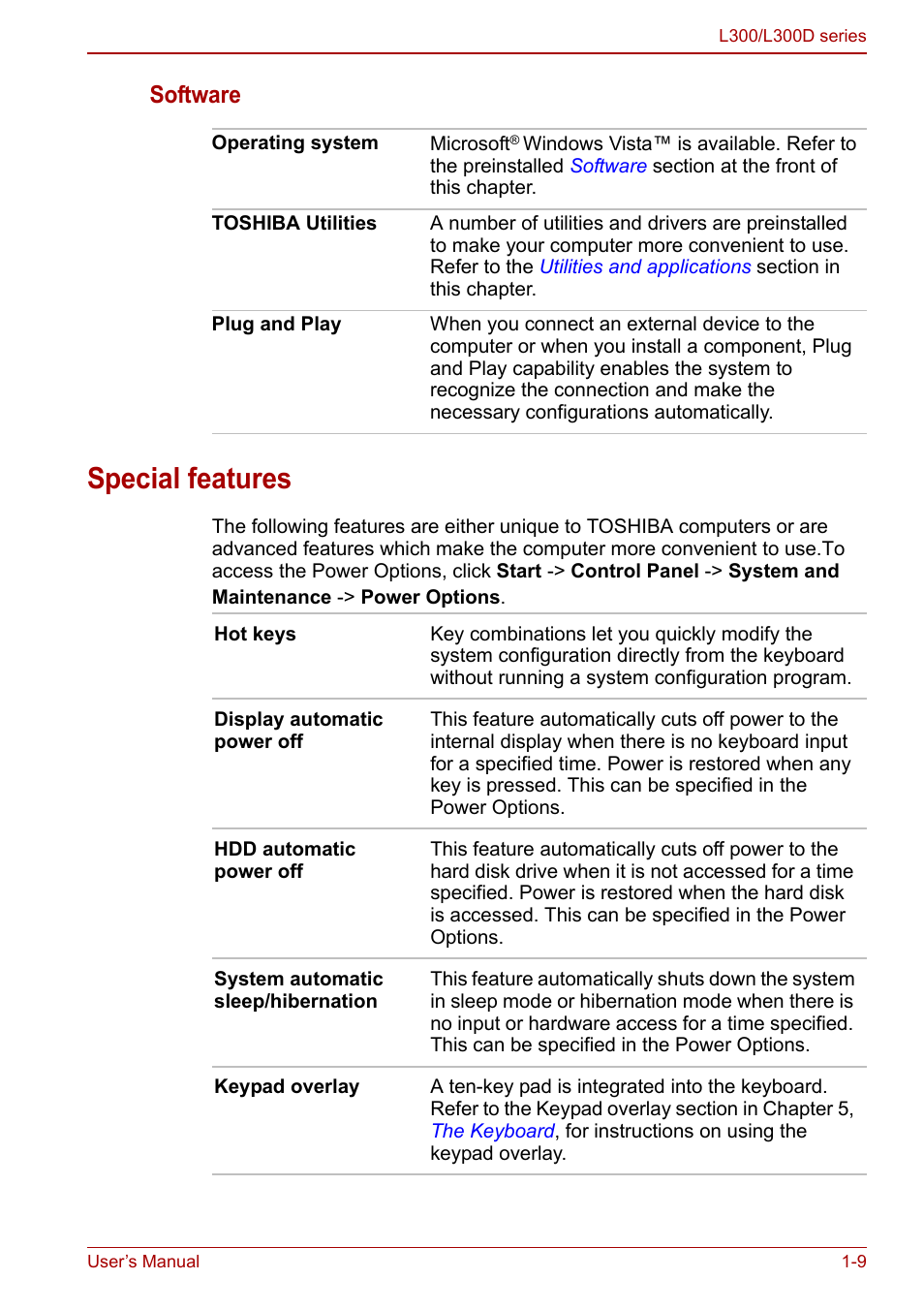 Special features, Special features -9, Special | Features, Section of the, Software | Toshiba Computer L300 User Manual | Page 27 / 186