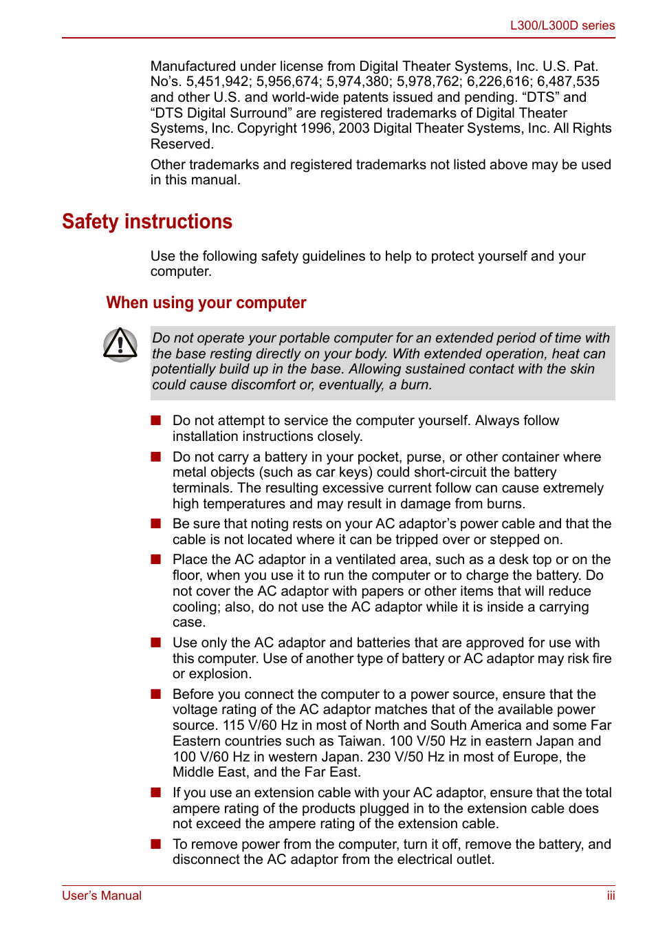 Safety instructions, When using your computer | Toshiba Computer L300 User Manual | Page 3 / 186