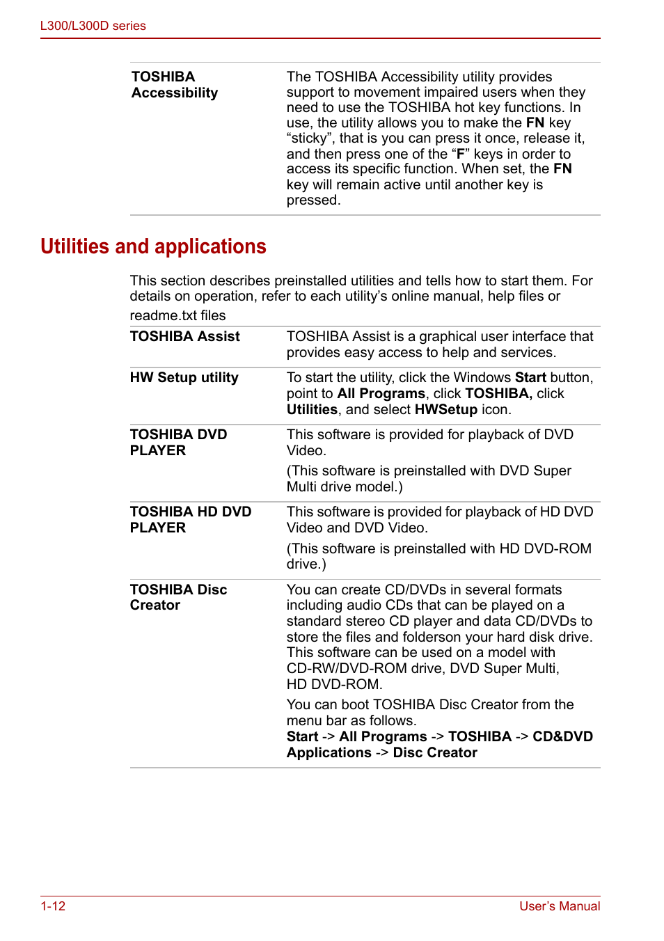 Utilities and applications, Utilities and applications -12 | Toshiba Computer L300 User Manual | Page 30 / 186