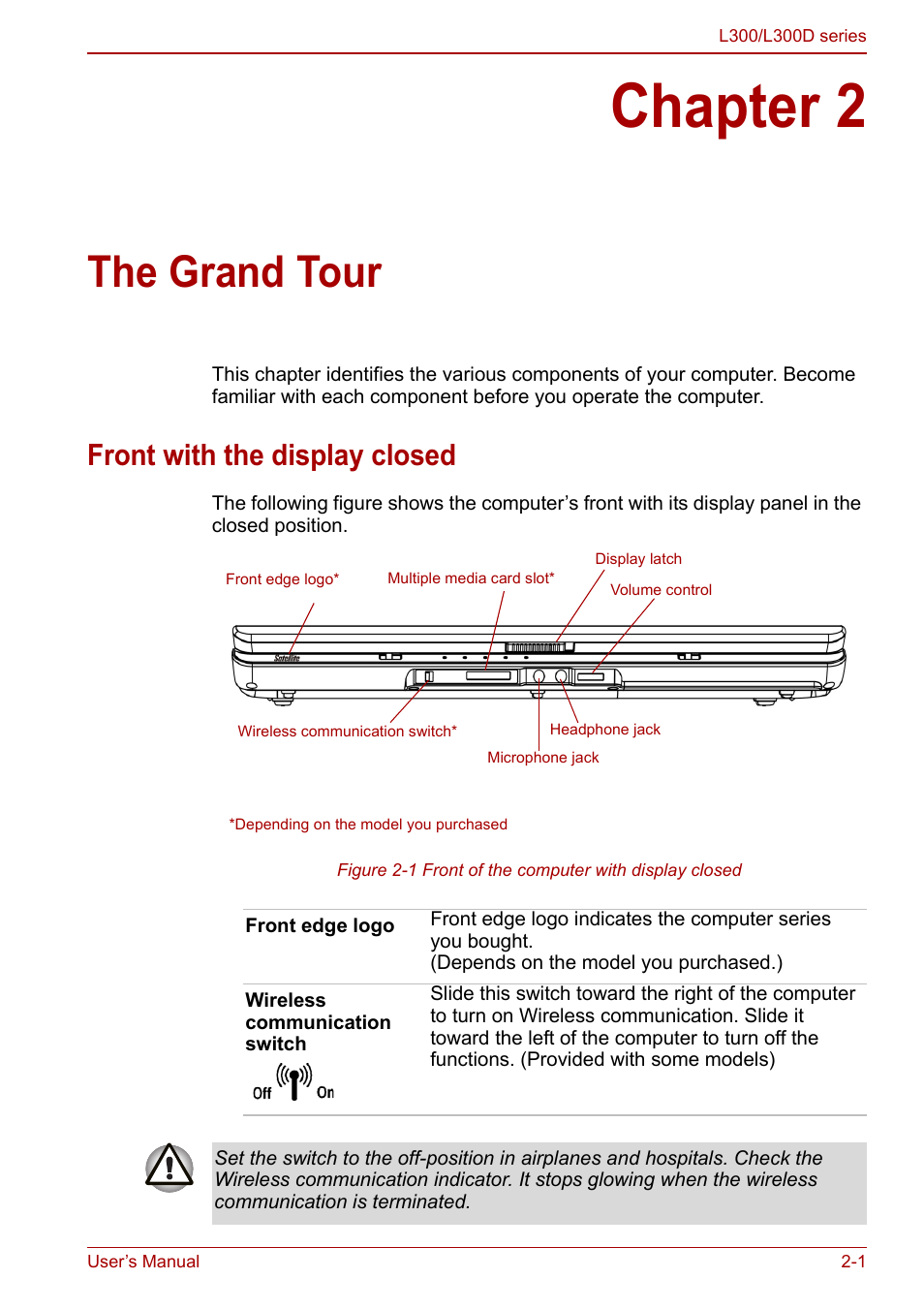 Chapter 2 - the grand tour, Front with the display closed, Chapter 2 | The grand tour, Front with the display closed -1 | Toshiba Computer L300 User Manual | Page 33 / 186