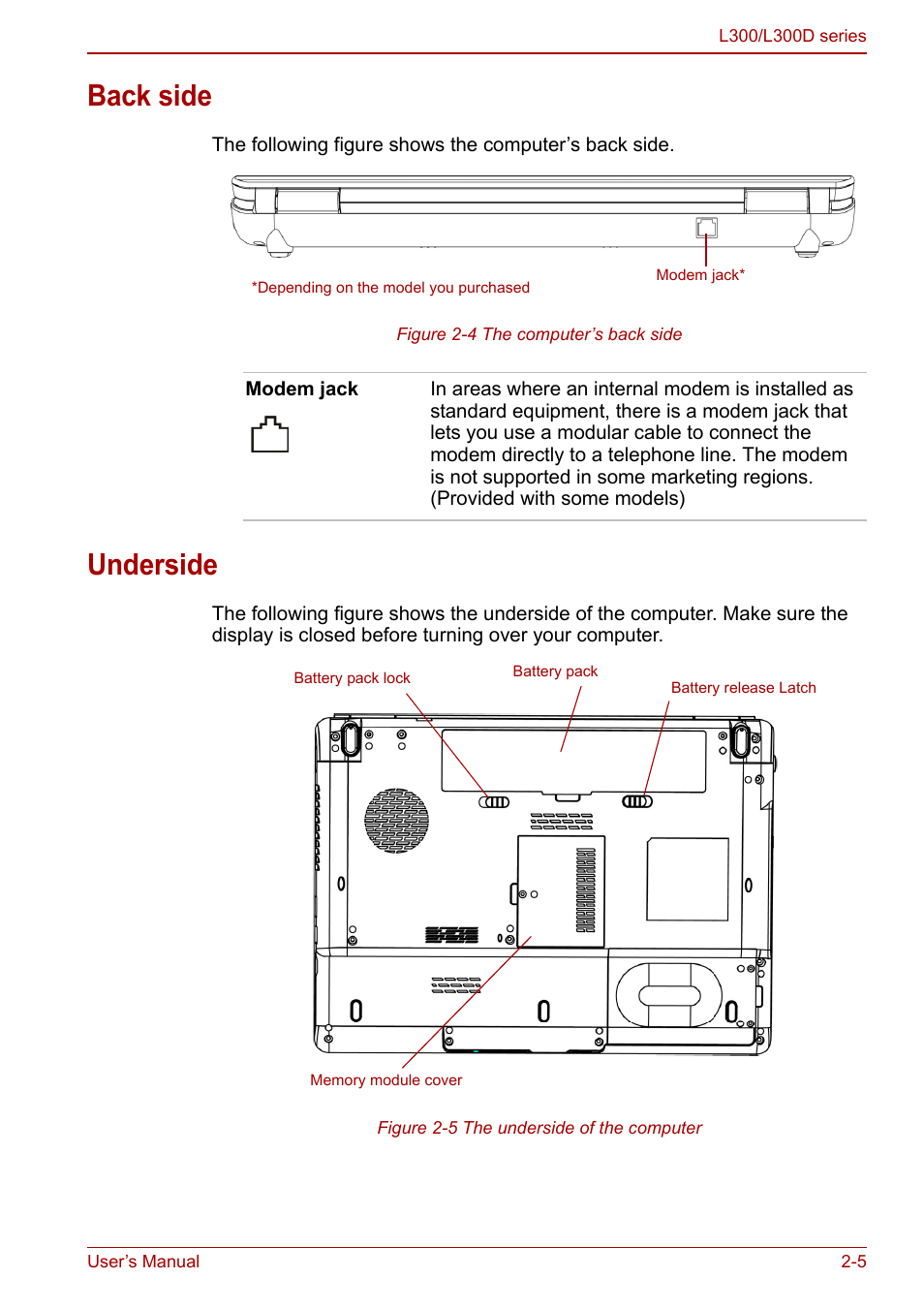 Back side, Underside, Back side -5 underside -5 | Toshiba Computer L300 User Manual | Page 37 / 186