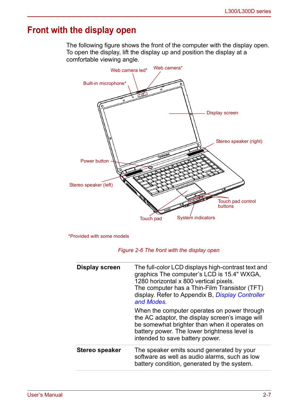 Front with the display open, Front with the display open -7 | Toshiba Computer L300 User Manual | Page 39 / 186