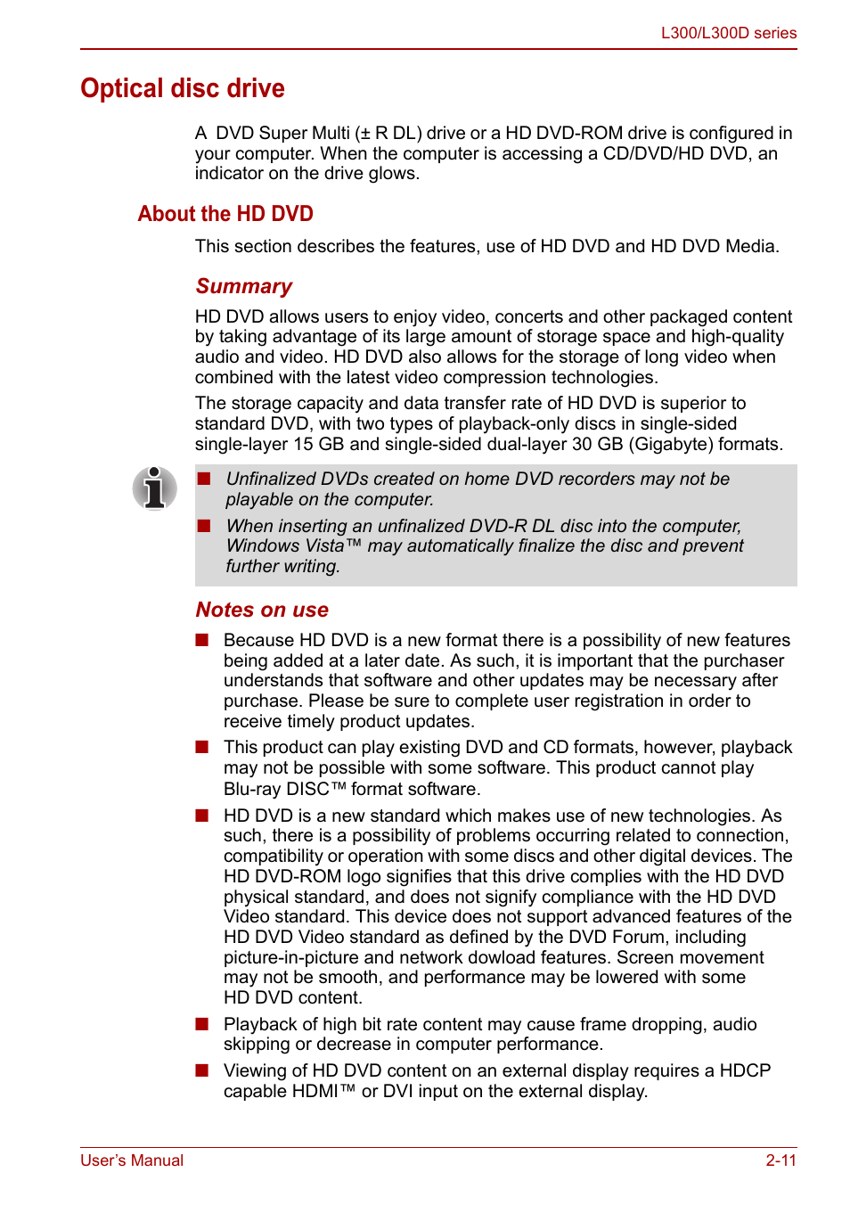 Optical disc drive, Optical disc drive -11, About the hd dvd | Toshiba Computer L300 User Manual | Page 43 / 186