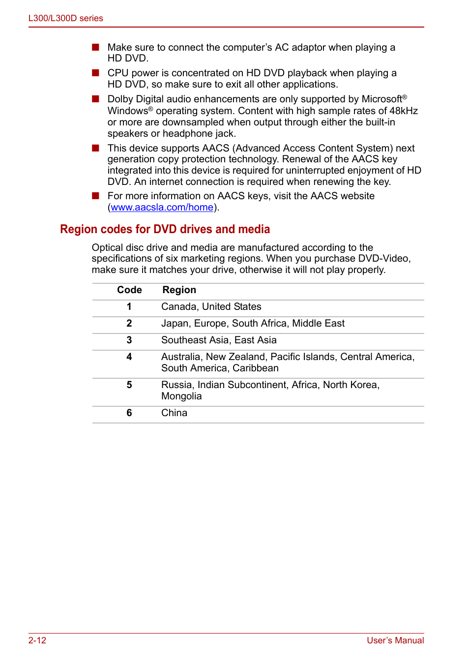 Region codes for dvd drives and media | Toshiba Computer L300 User Manual | Page 44 / 186