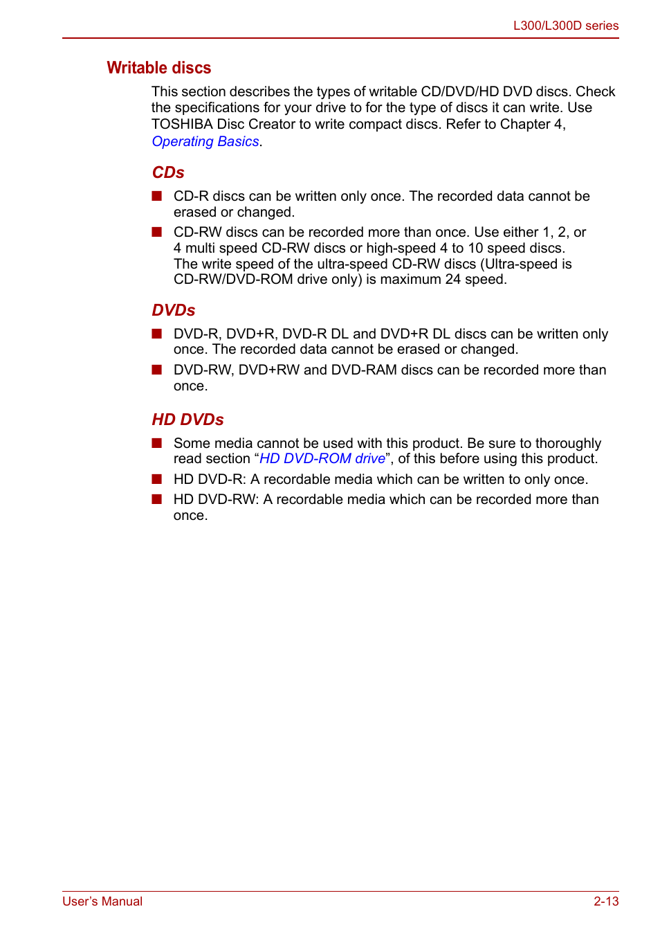 Writable discs | Toshiba Computer L300 User Manual | Page 45 / 186