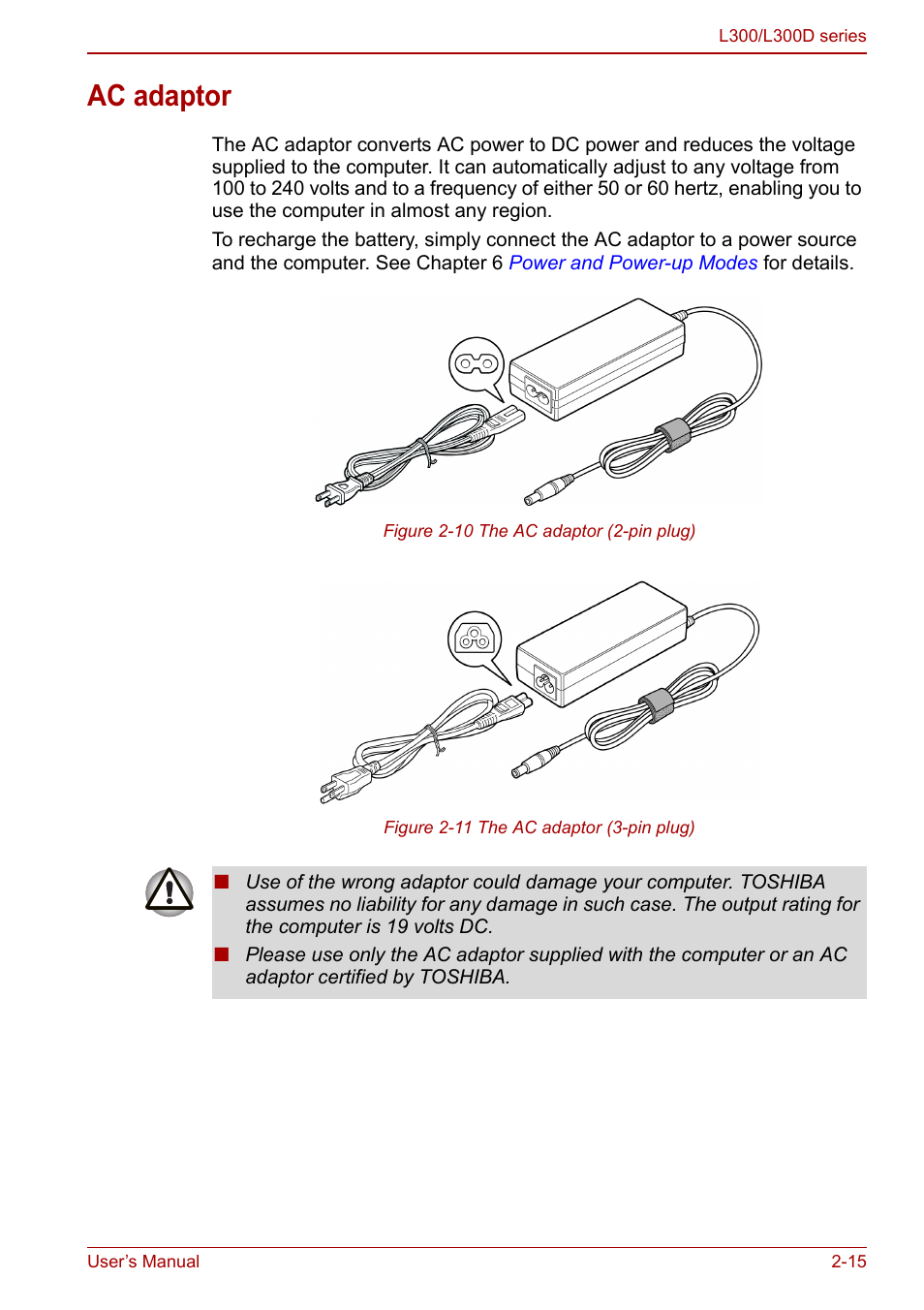 Ac adaptor, Ac adaptor -15 | Toshiba Computer L300 User Manual | Page 47 / 186