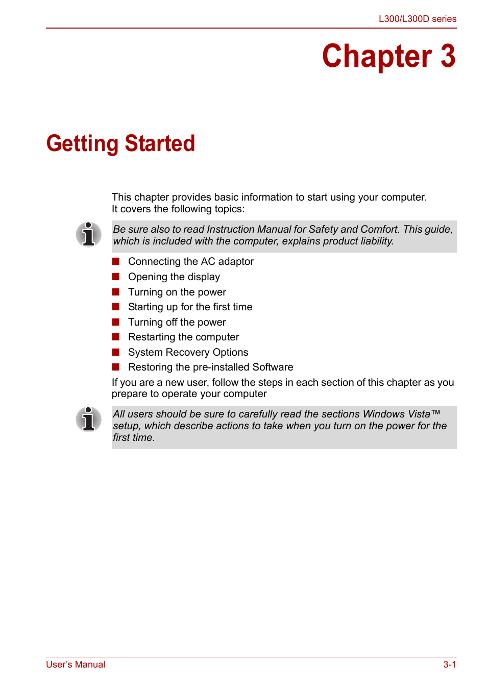 Chapter 3 - getting started, Chapter 3, Getting started | Toshiba Computer L300 User Manual | Page 49 / 186