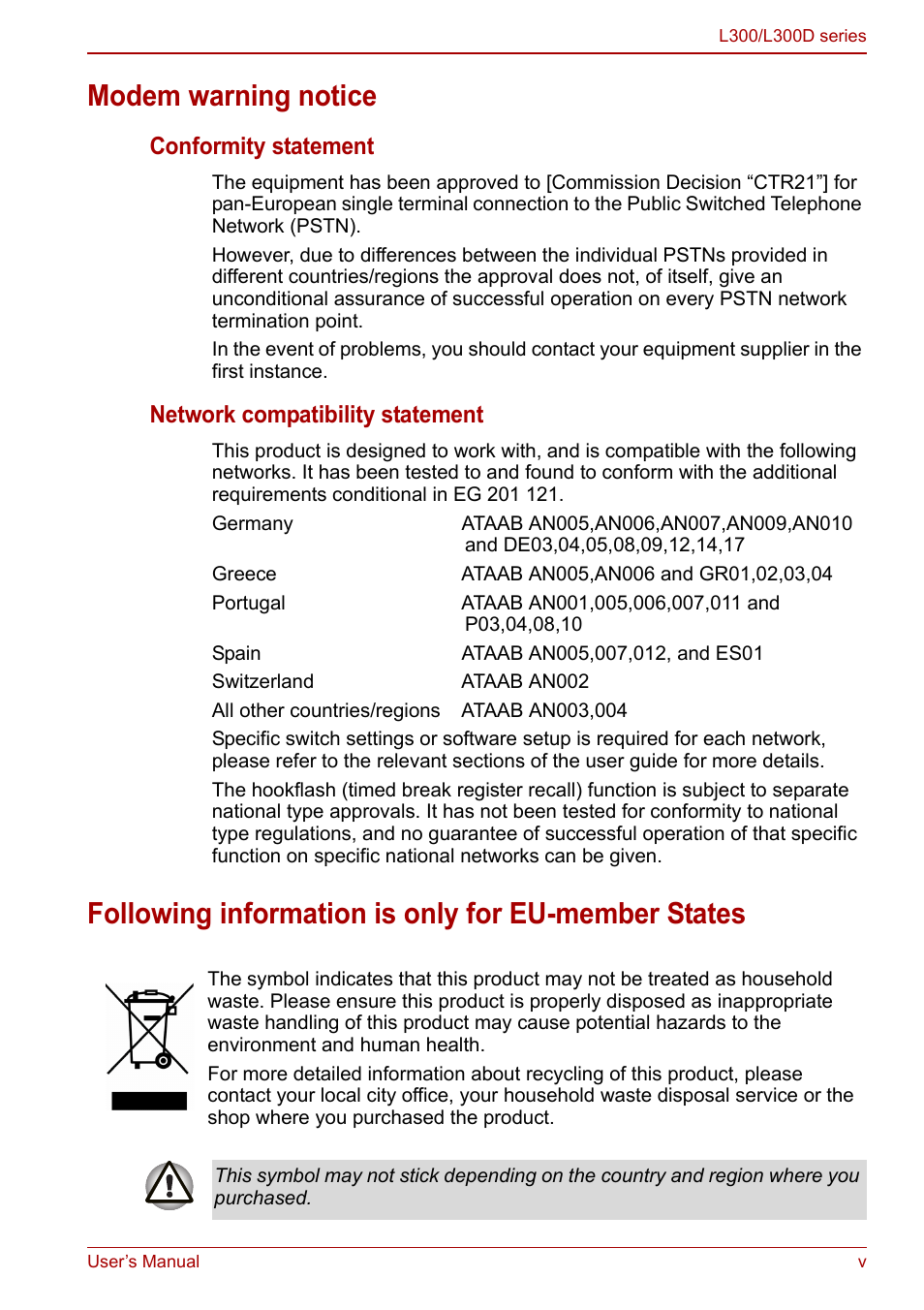 Modem warning notice, Following information is only for eu-member states, Conformity statement | Network compatibility statement | Toshiba Computer L300 User Manual | Page 5 / 186