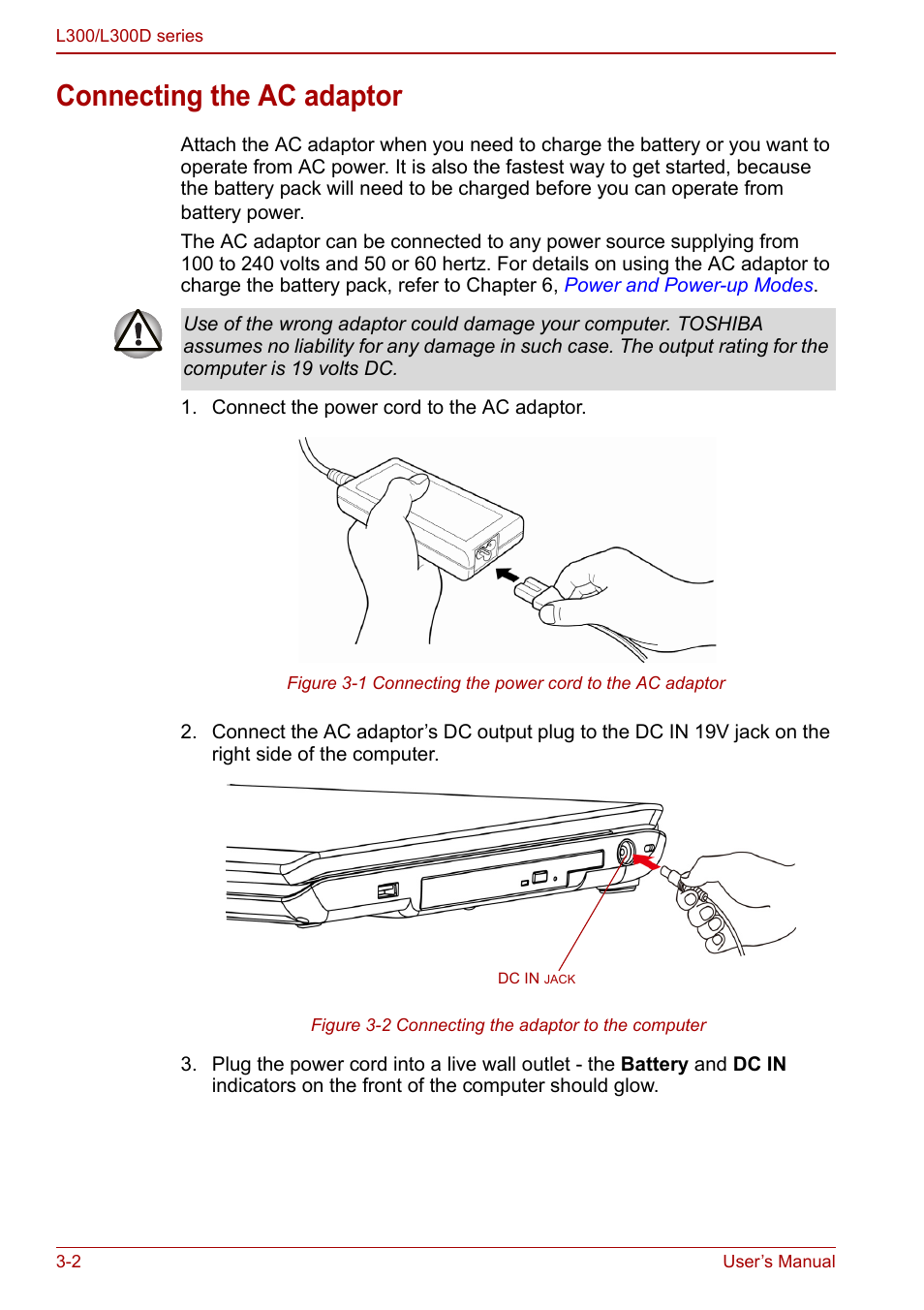 Connecting the ac adaptor, Connecting the ac adaptor -2 | Toshiba Computer L300 User Manual | Page 50 / 186