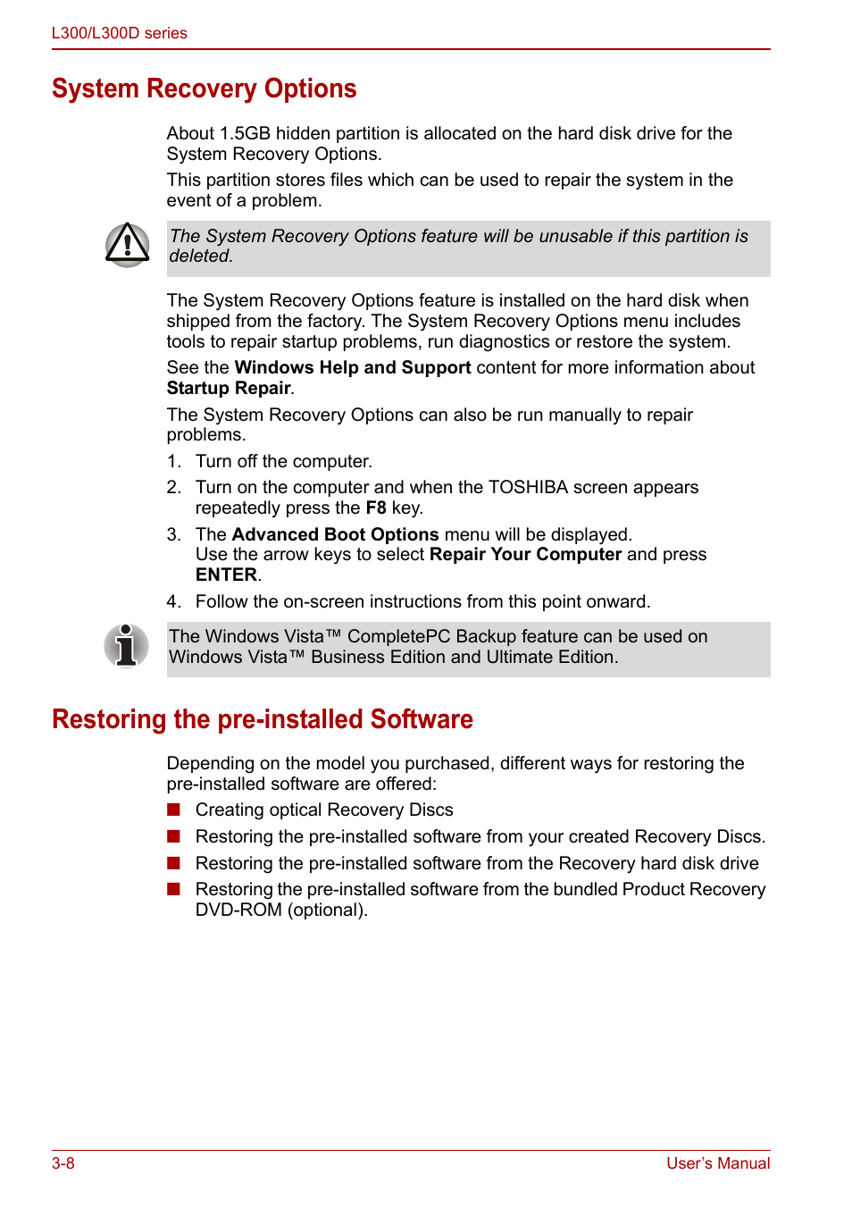 System recovery options, Restoring the pre-installed software | Toshiba Computer L300 User Manual | Page 56 / 186