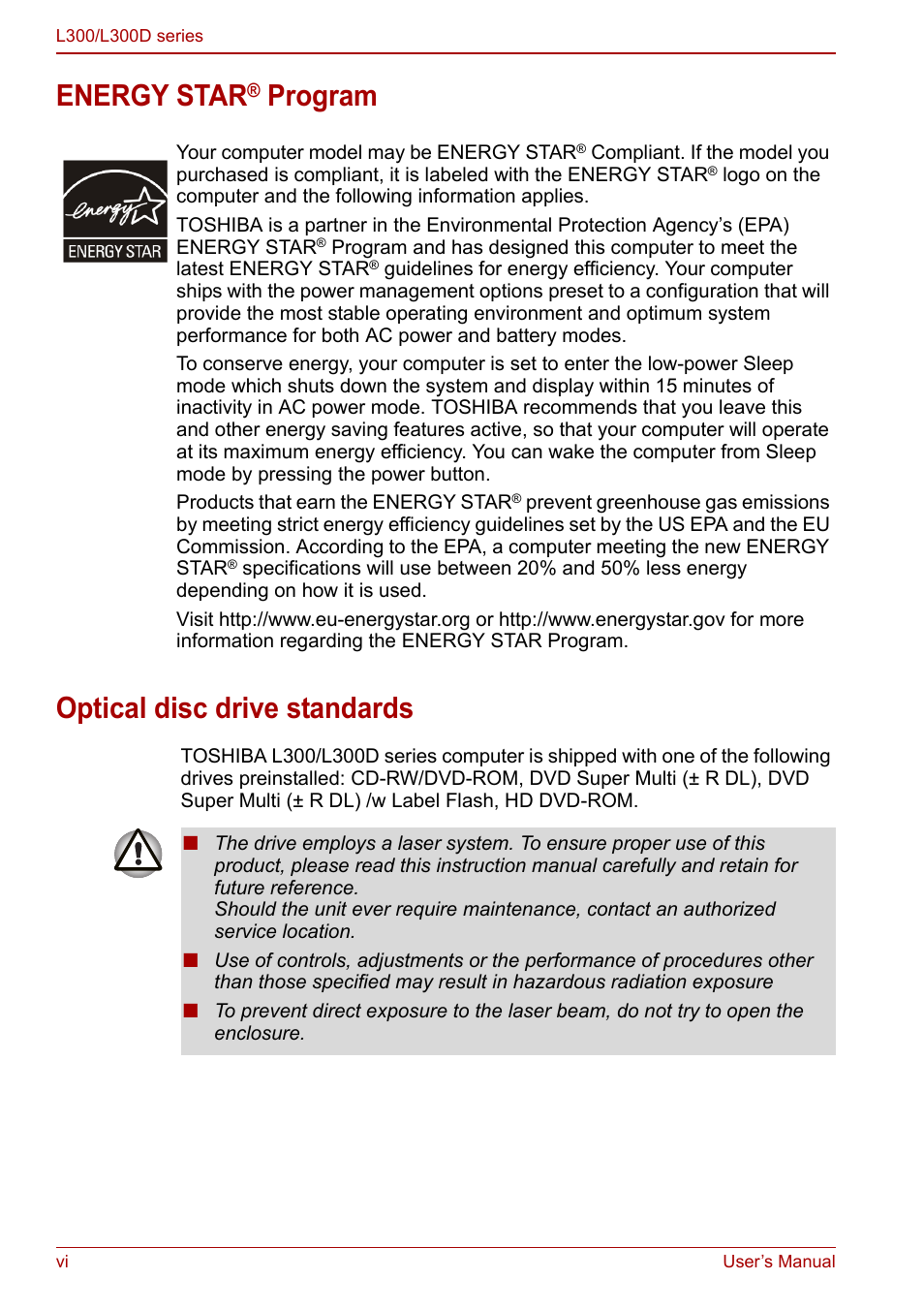 Energy star, Program optical disc drive standards | Toshiba Computer L300 User Manual | Page 6 / 186