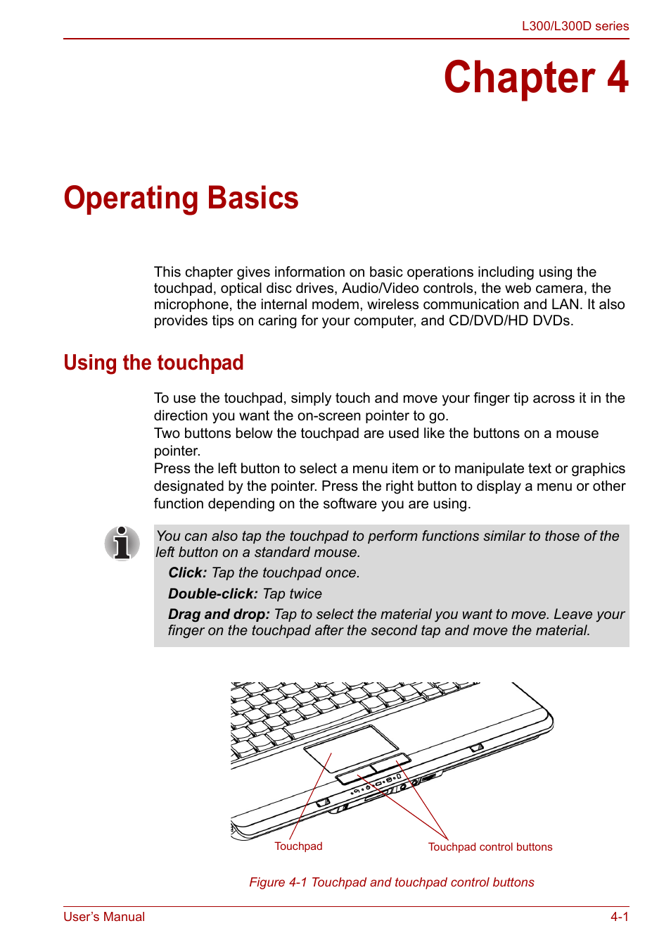 Chapter 4 - operating basics, Using the touchpad, Chapter 4 | Operating basics, Using the touchpad -1 | Toshiba Computer L300 User Manual | Page 61 / 186