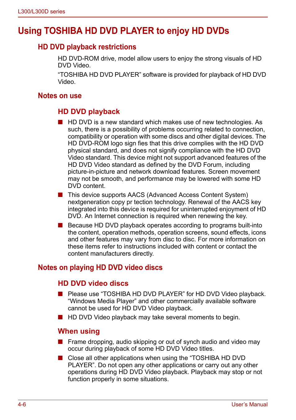 Using toshiba hd dvd player to enjoy hd dvds, Using toshiba hd dvd player to enjoy hd dvds -6, Hd dvd playback restrictions | Toshiba Computer L300 User Manual | Page 66 / 186