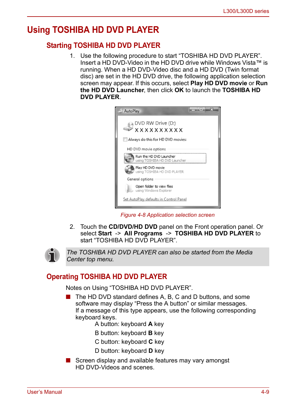 Using toshiba hd dvd player, Using toshiba hd dvd player -9, Starting toshiba hd dvd player | Operating toshiba hd dvd player | Toshiba Computer L300 User Manual | Page 69 / 186