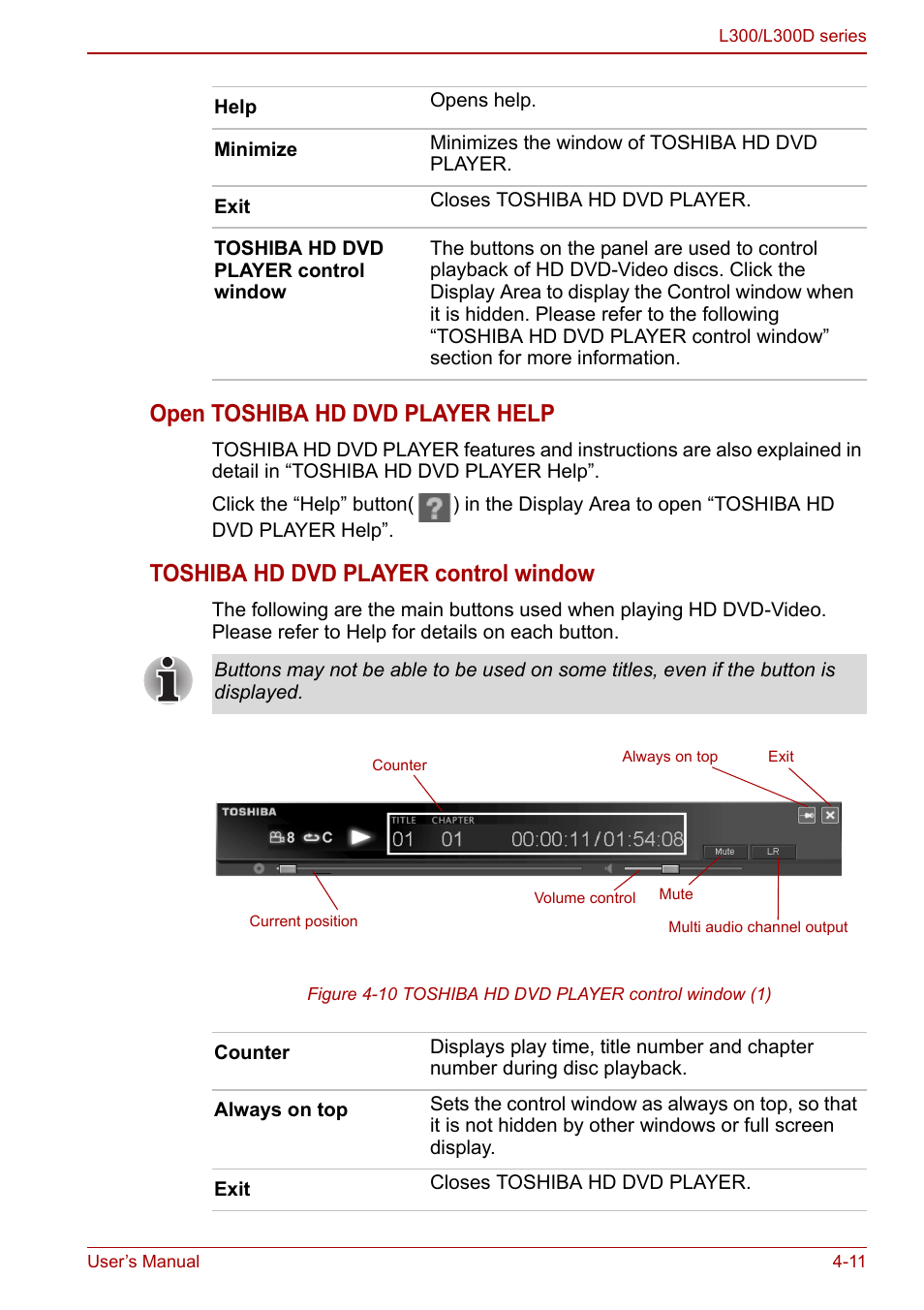 Open toshiba hd dvd player help, Toshiba hd dvd player control window | Toshiba Computer L300 User Manual | Page 71 / 186