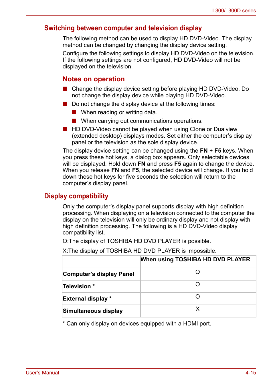 Switching between computer and television display, Display compatibility | Toshiba Computer L300 User Manual | Page 75 / 186