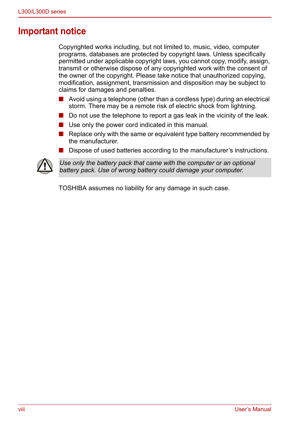 Important notice | Toshiba Computer L300 User Manual | Page 8 / 186