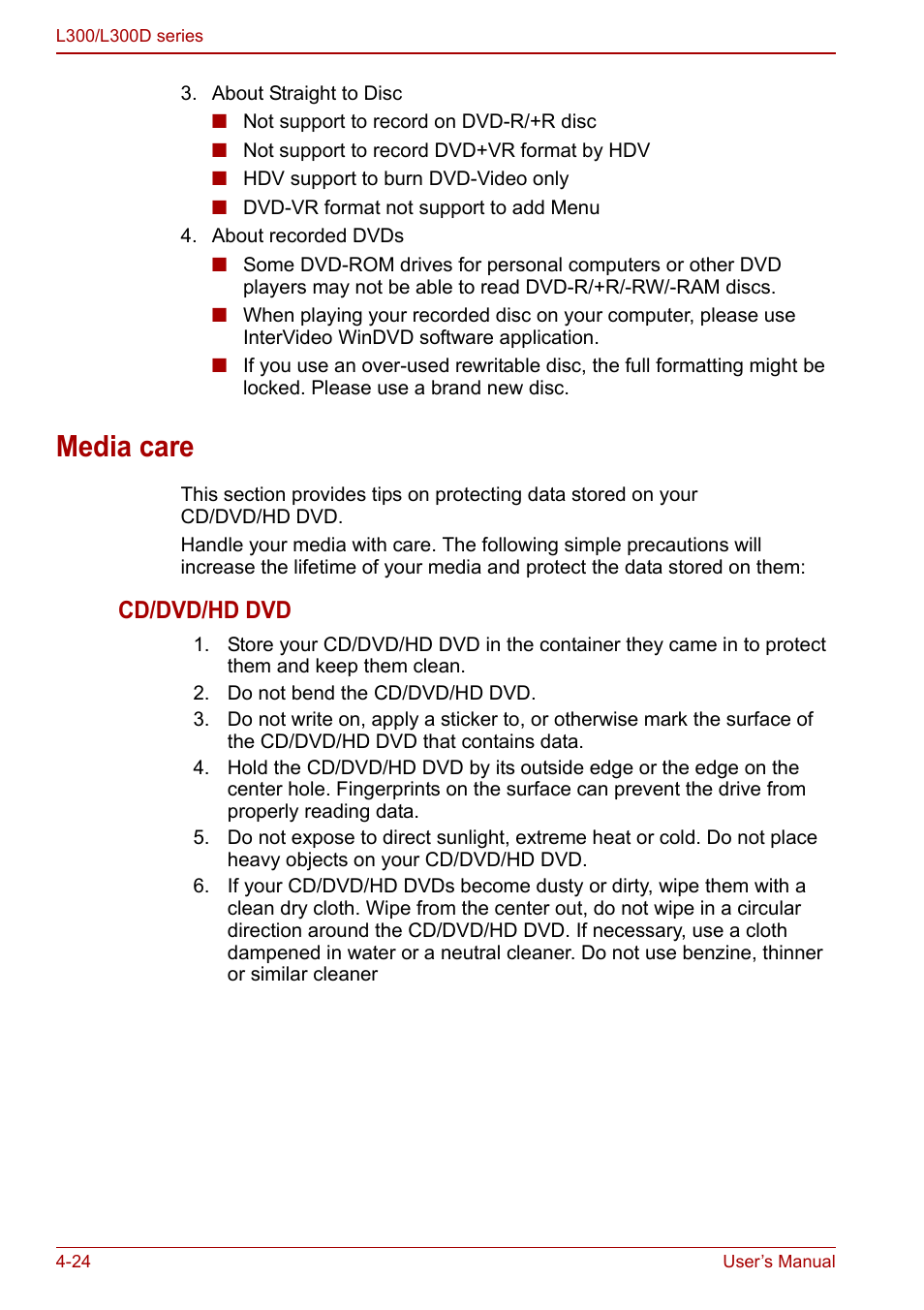 Media care, Media care -24, Cd/dvd/hd dvd | Toshiba Computer L300 User Manual | Page 84 / 186