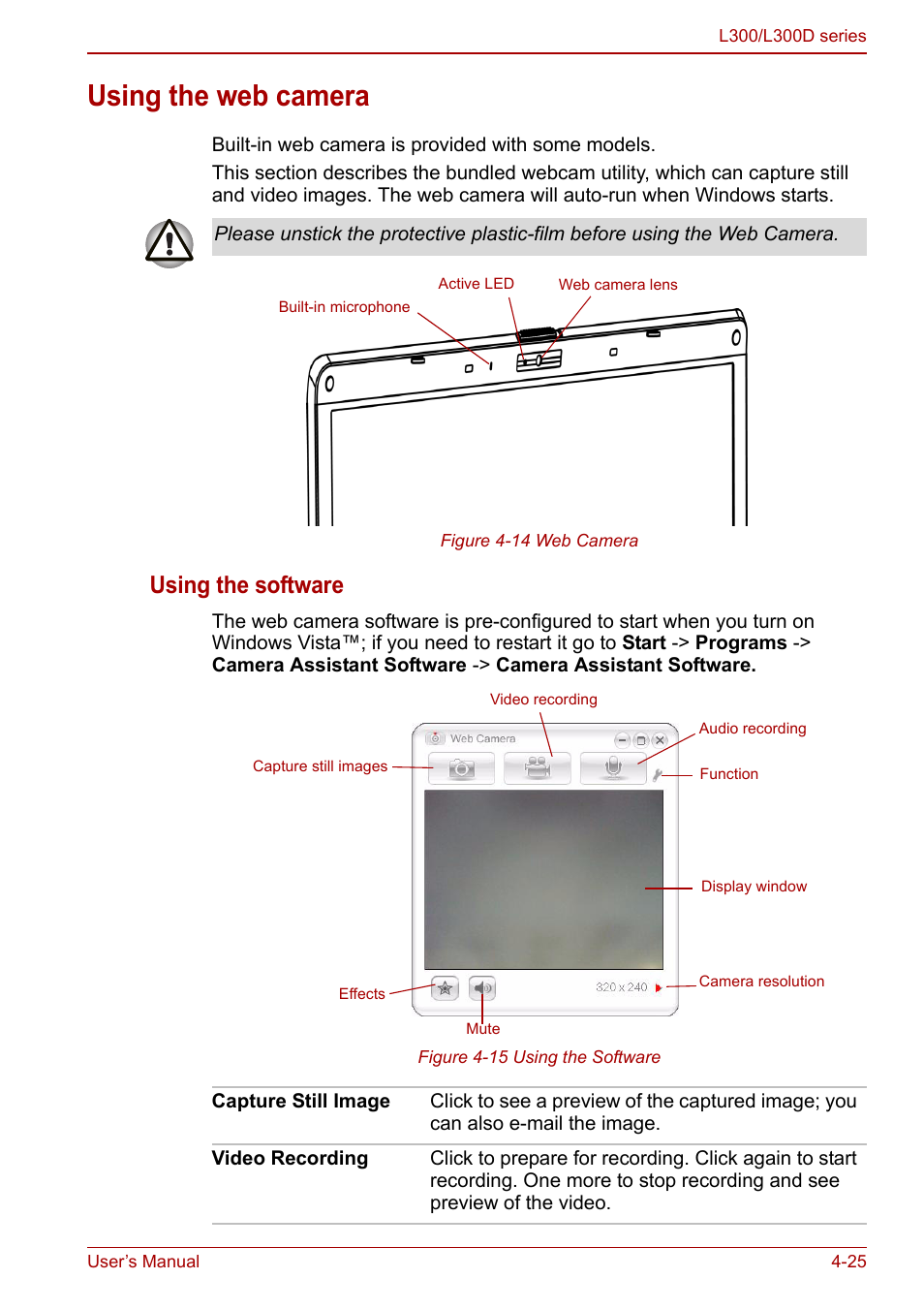 Using the web camera, Using the web camera -25, Using the software | Toshiba Computer L300 User Manual | Page 85 / 186