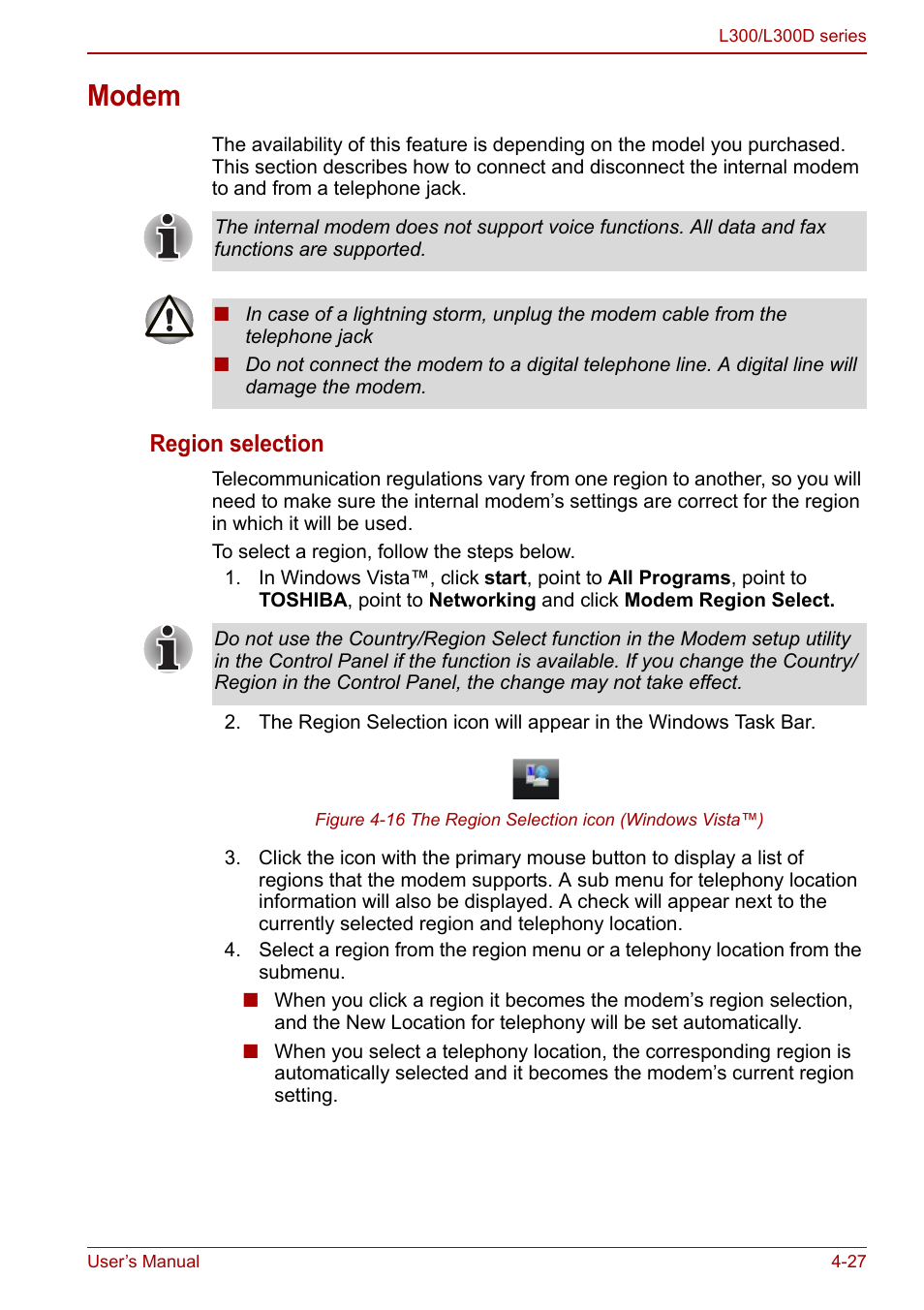 Modem, Modem -27, Region selection | Toshiba Computer L300 User Manual | Page 87 / 186