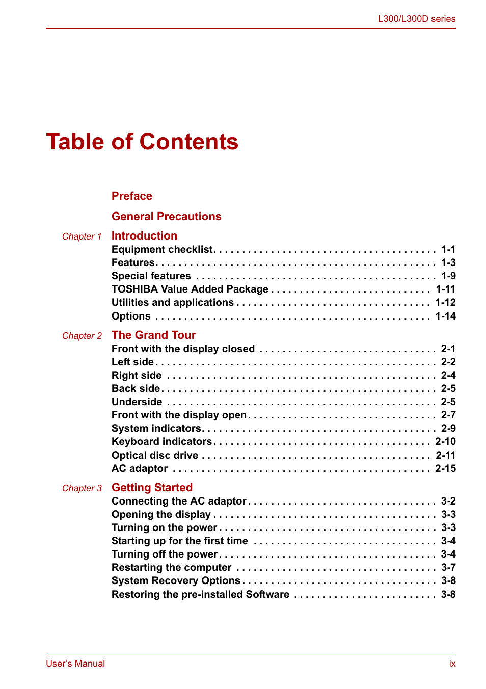 Toshiba Computer L300 User Manual | Page 9 / 186