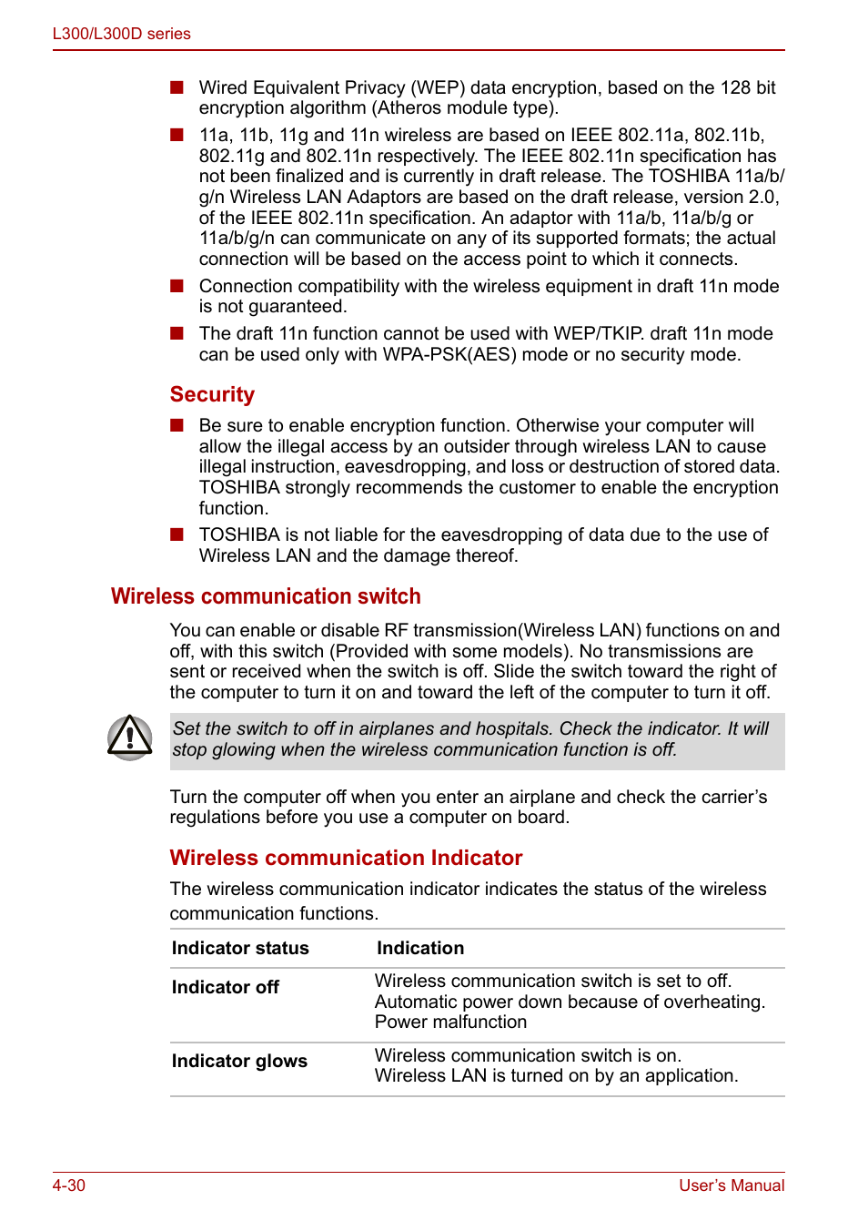 Wireless communication switch | Toshiba Computer L300 User Manual | Page 90 / 186