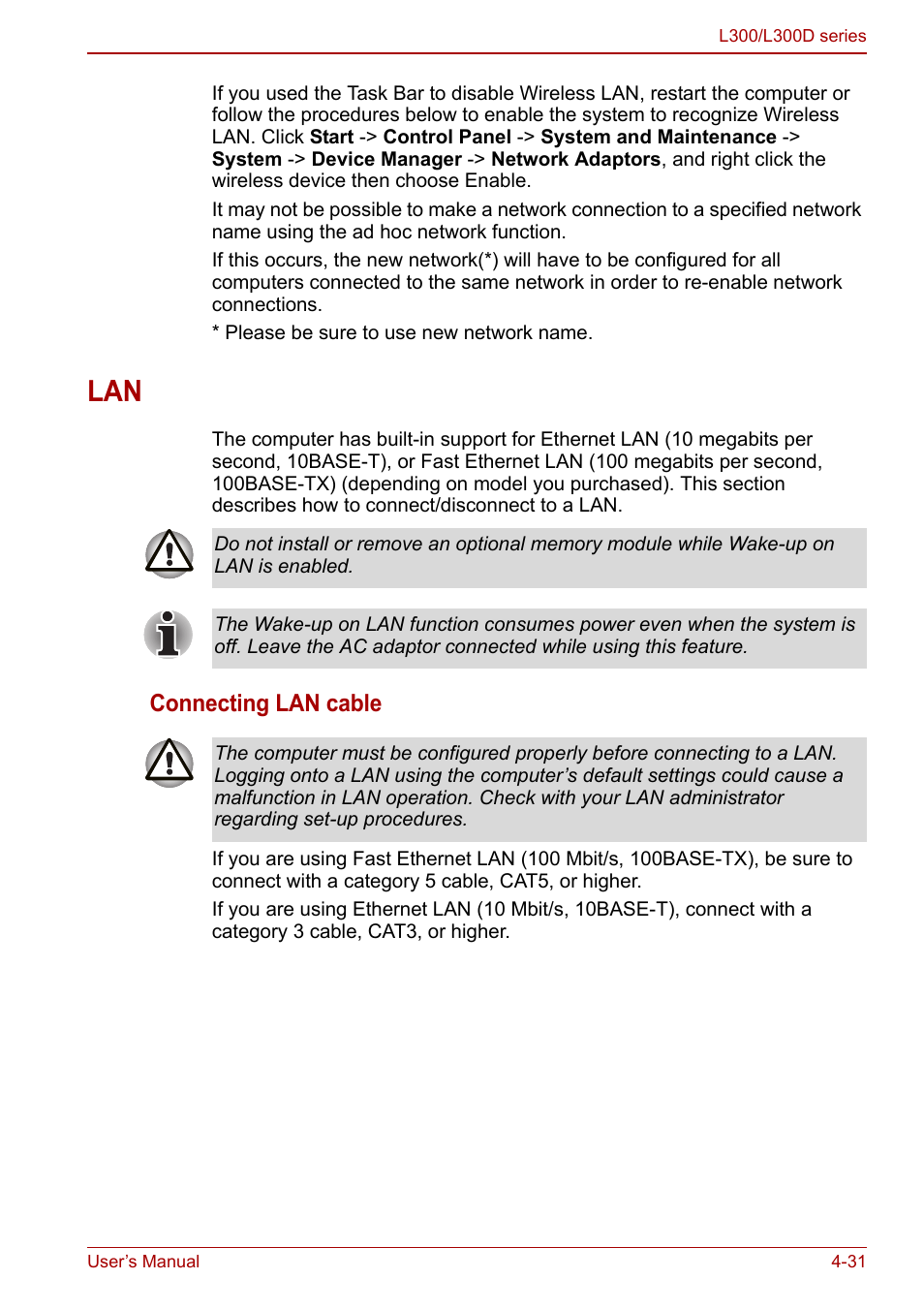 Lan -31, Connecting lan cable | Toshiba Computer L300 User Manual | Page 91 / 186