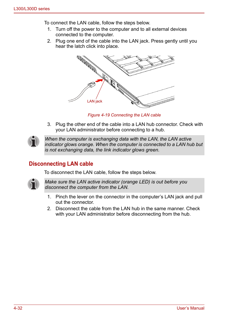 Disconnecting lan cable | Toshiba Computer L300 User Manual | Page 92 / 186