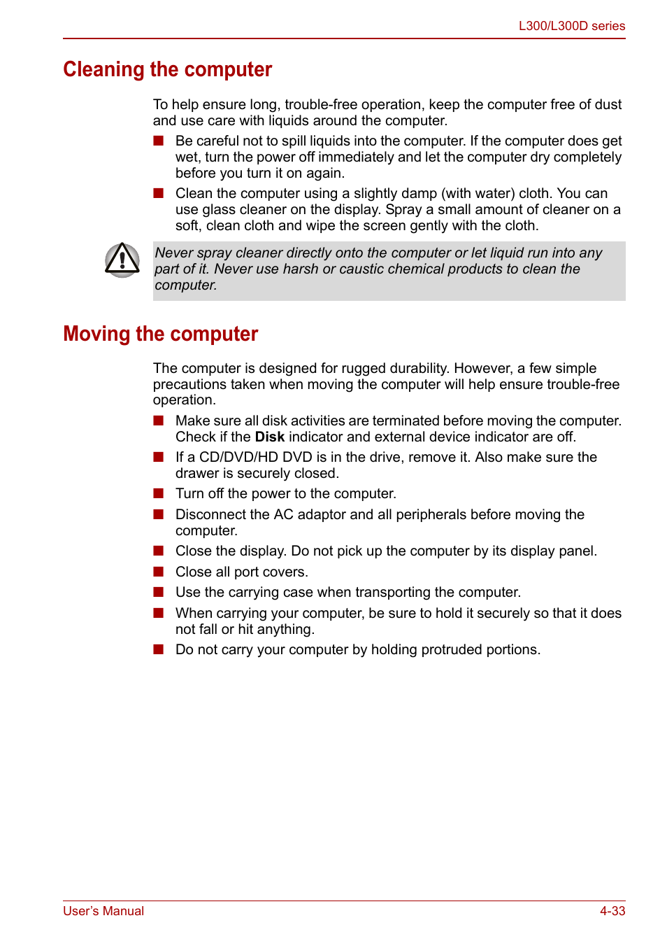 Cleaning the computer, Moving the computer, Cleaning the computer -33 moving the computer -33 | Toshiba Computer L300 User Manual | Page 93 / 186