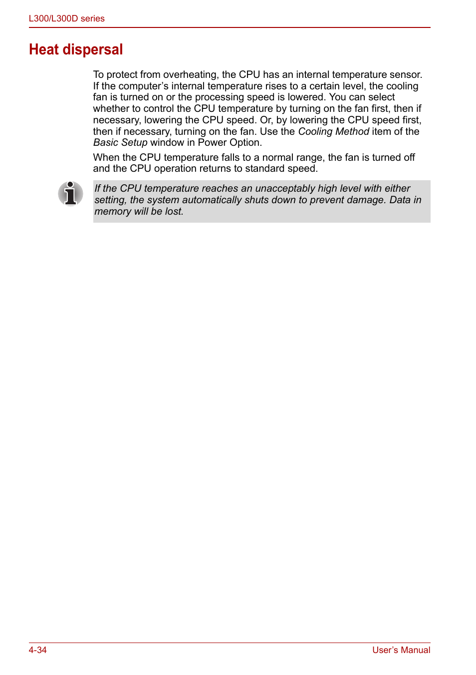 Heat dispersal, Heat dispersal -34 | Toshiba Computer L300 User Manual | Page 94 / 186