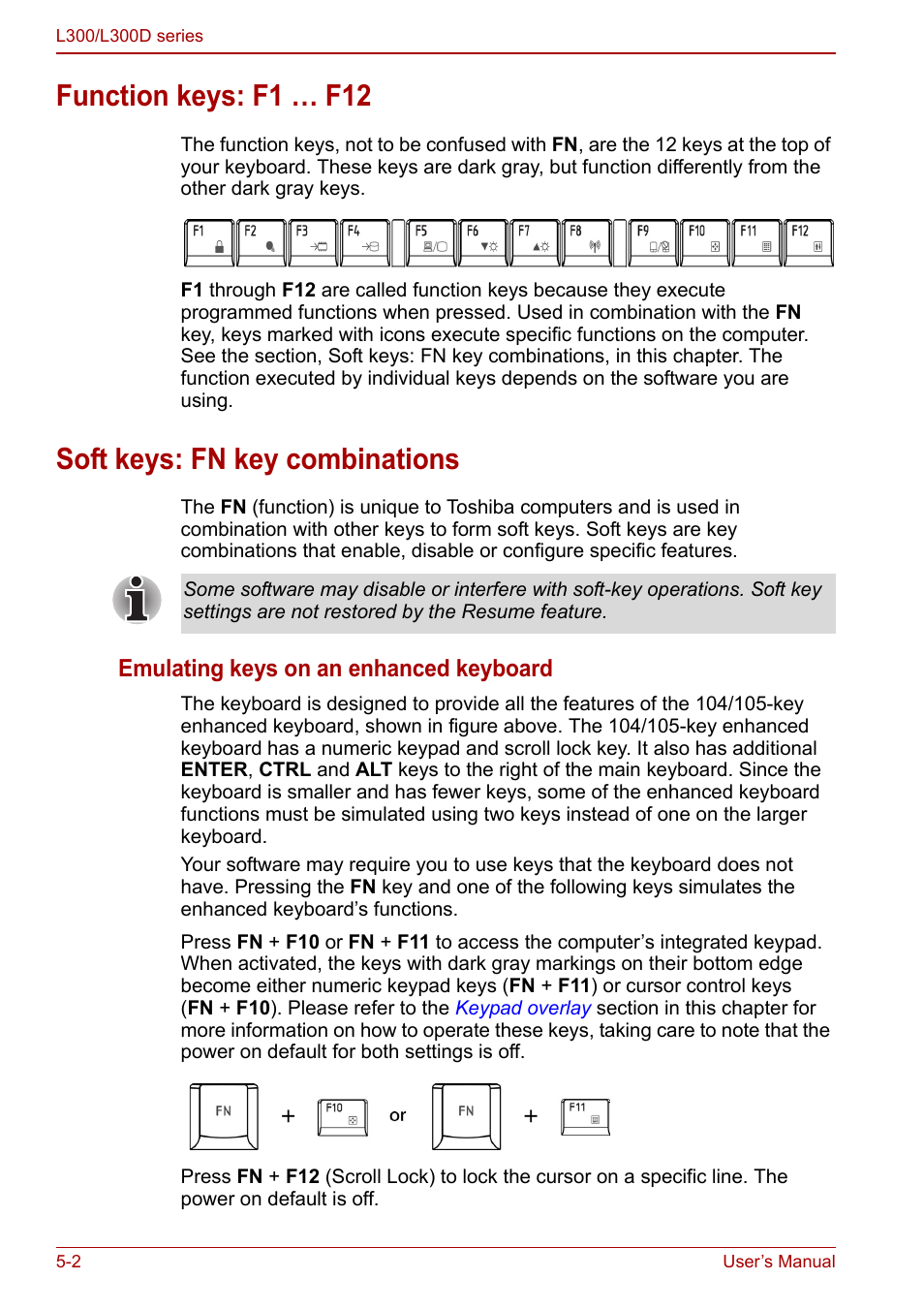 Function keys: f1 … f12, Soft keys: fn key combinations, Emulating keys on an enhanced keyboard | Toshiba Computer L300 User Manual | Page 96 / 186