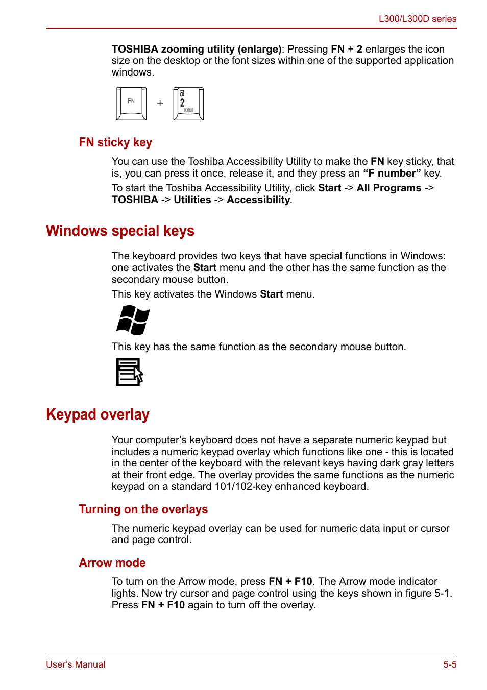 Windows special keys, Keypad overlay, Windows special keys -5 keypad overlay -5 | Keypad, Overlay, Section in | Toshiba Computer L300 User Manual | Page 99 / 186