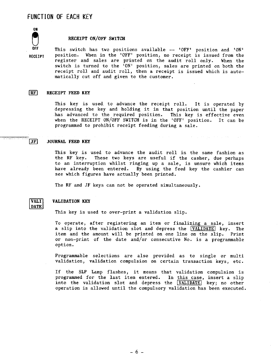 Function of each key, Receipt on/off switch, Iw1 receipt feed key | Journal feed key, Validation key | Toshiba TEC MA-1100-100 SERIES User Manual | Page 10 / 136